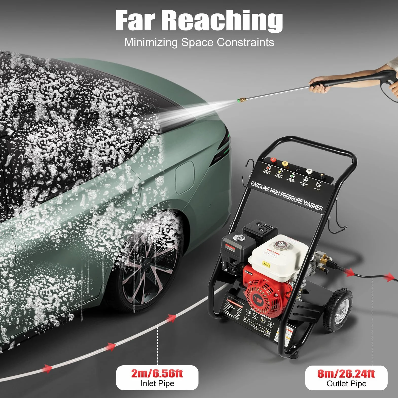 Limpiador de alta presión de gasolina con manguera de 8 m, máquina de limpieza de gasolina de 7,5 CV, limpiador portátil para limpieza de suelos, plantas, vehículos, 3400 rpm, 5 boquillas, motor de