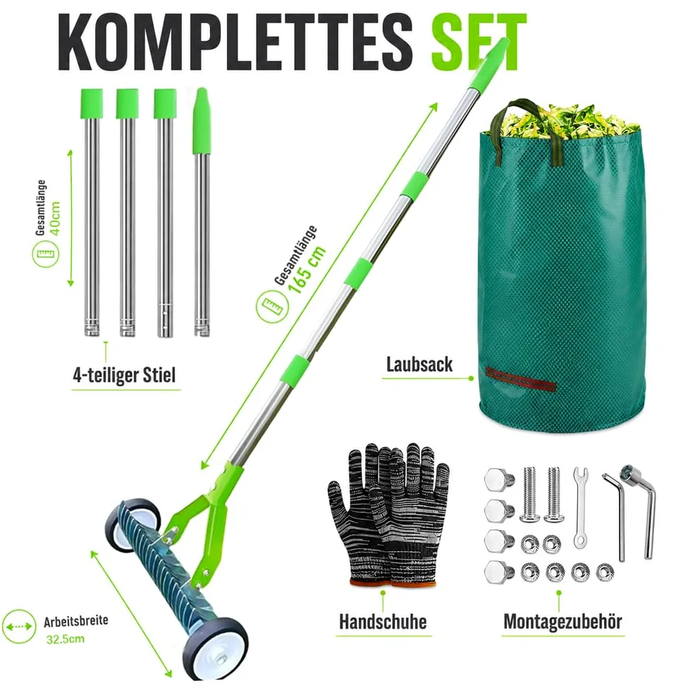 Escarificador de mano con ruedas de 165 cm, mano con saco de basura de jardín, rastrillo con mango, rastrillo de corte con mango, escarificador, para eliminar el fieltro del césped
