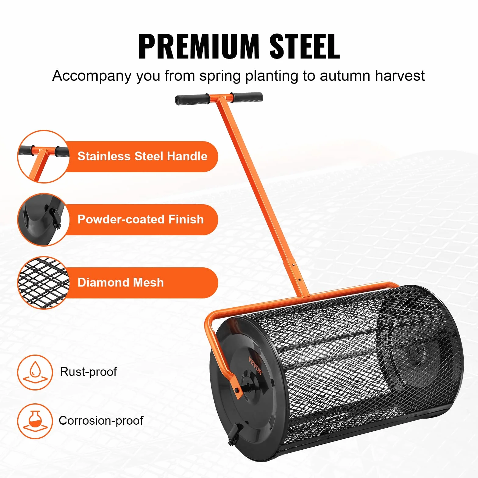 VEVOR Esparcidor de Abono Ancho de 61 cm Esparcidor de Turba y Musgo Mango Regulable en Altura 62,5-67,5 cm Cesta de Malla de Acero Cierres Laterales para Esparcir Estiércol Césped Jardín, Negro