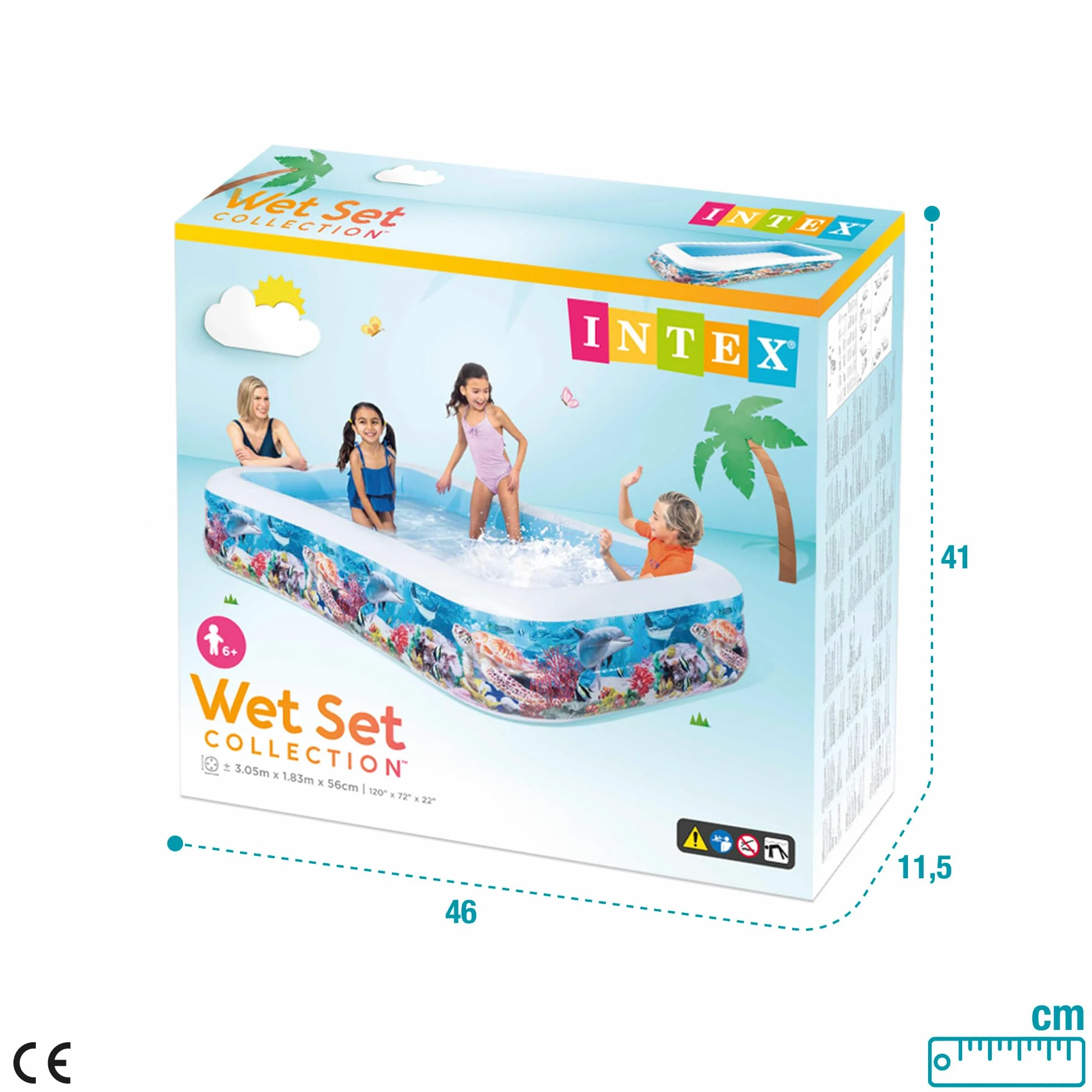 Intex Piscina Hinchable Grande diseño océano, 305x183x56 cm, 1050 litros, 3 cámaras de Aire, Tapón de desagüe, Vinilo Resistente, Uso Exterior, Ideal jardín y Verano, Parche Incluido, +6 años (58485)
