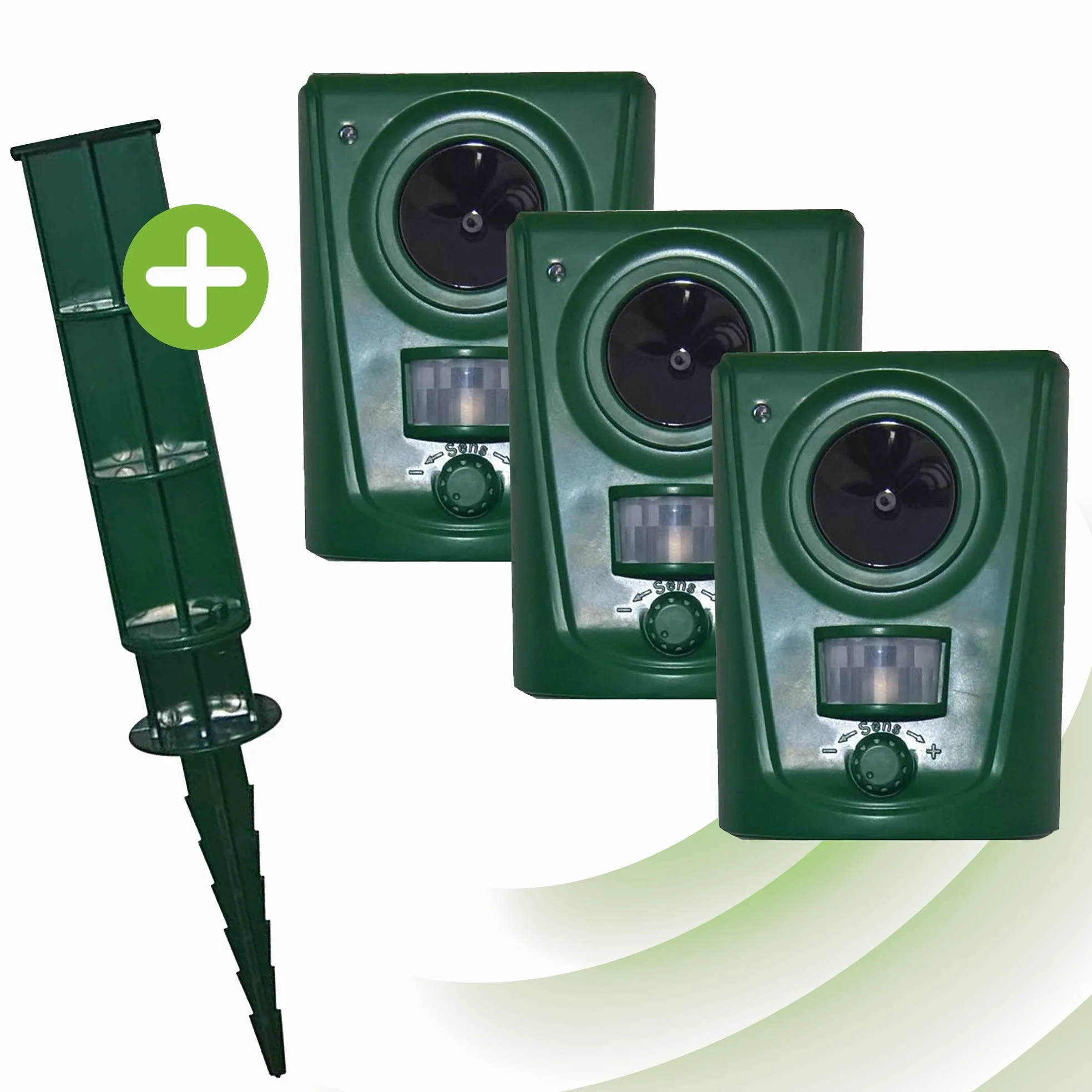ISOTRONIC Repelente ultrasónico para Animales Salvajes, Aves, Perros, Gatos y martas. Dispositivo Repelente a Pilas con estaca para jardín. Alcance Efectivo de 60 m² (3 Unidades).