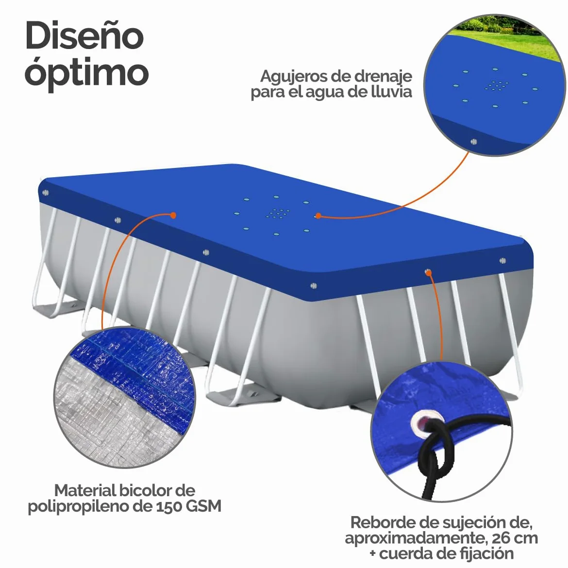 Linxor - Lona Protectora Reversible para Piscina elevada, 4 Estaciones, 150 g/m² - Azul y Gris