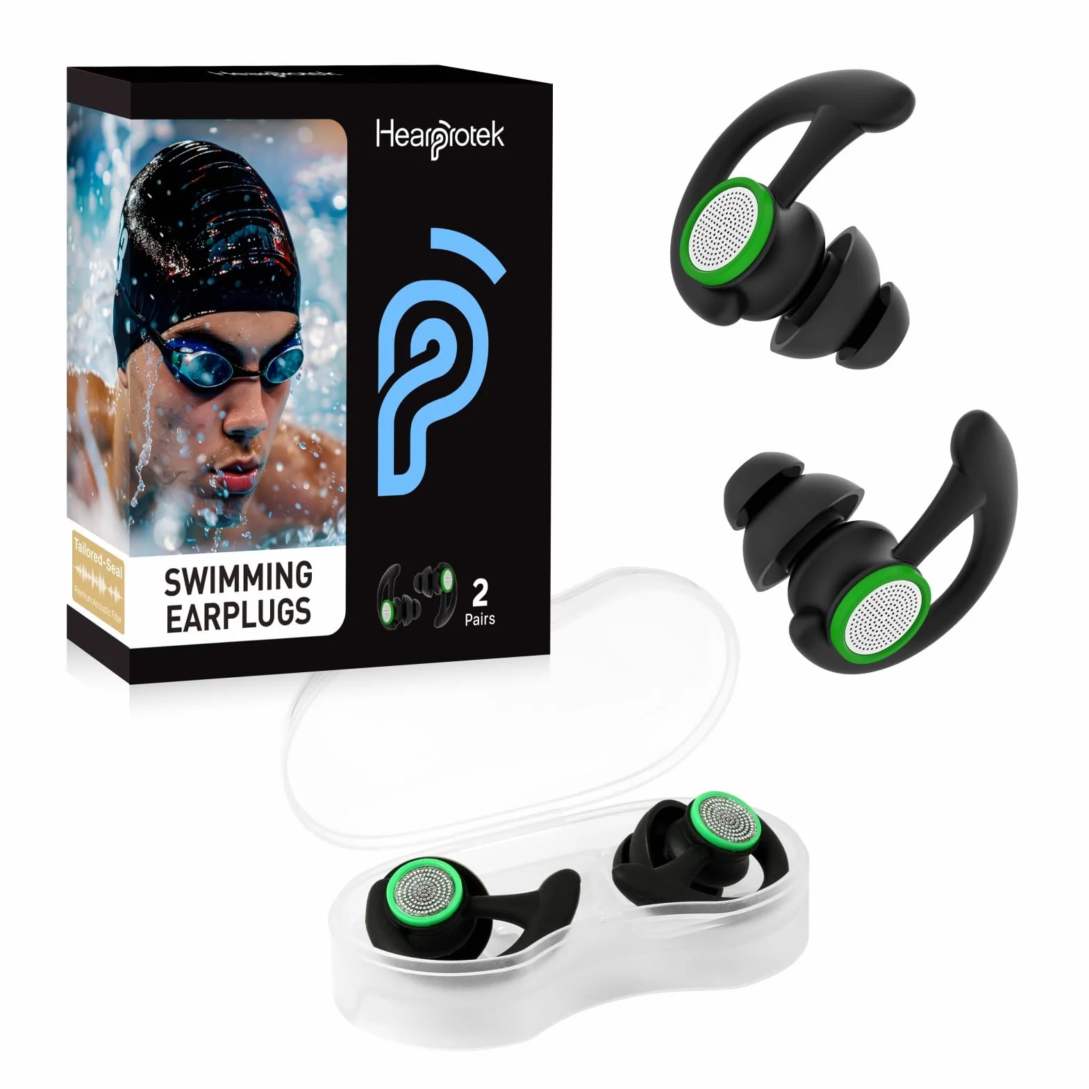 Hearprotek Tapones para los oídos para nadar, 2 pares, reutilizables, a medida, adultos, Negro