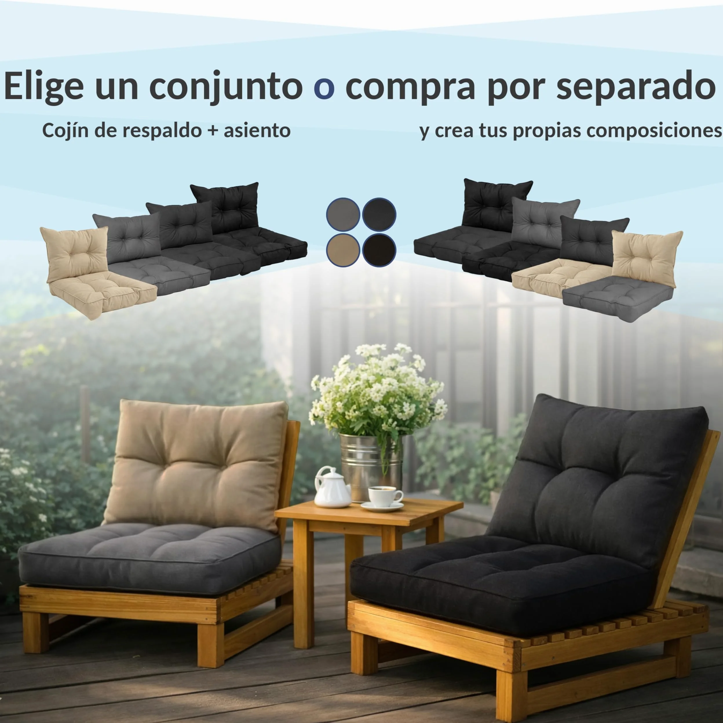 POKAR Set de 2 Cojines para Silla de Exterior: Asiento 50x50x10 + Respaldo 50x40x10 cm | Impermeable y Repelente al Agua | Cojines para Muebles de Jardín, Terraza y Ratán | Made in EU | Beige