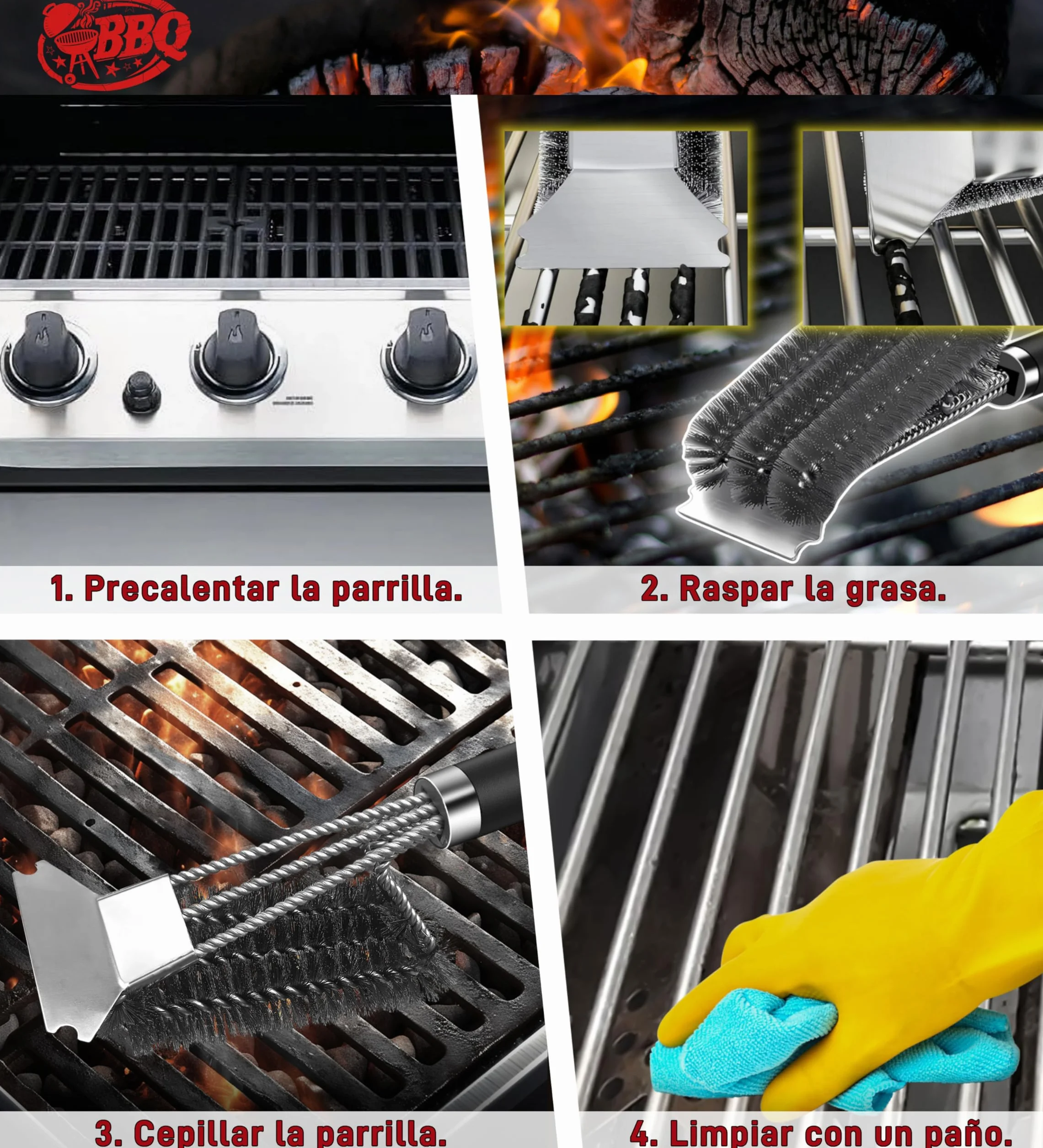 Cepillo de Barbacoa 3 en 1 con Cerdas de Alambre de Acero Inoxidable para Carbón Vegetal y Parrilla Eléctrica al Aire Libre - Jardín, Camping - Cepillo de Limpieza para BBQ