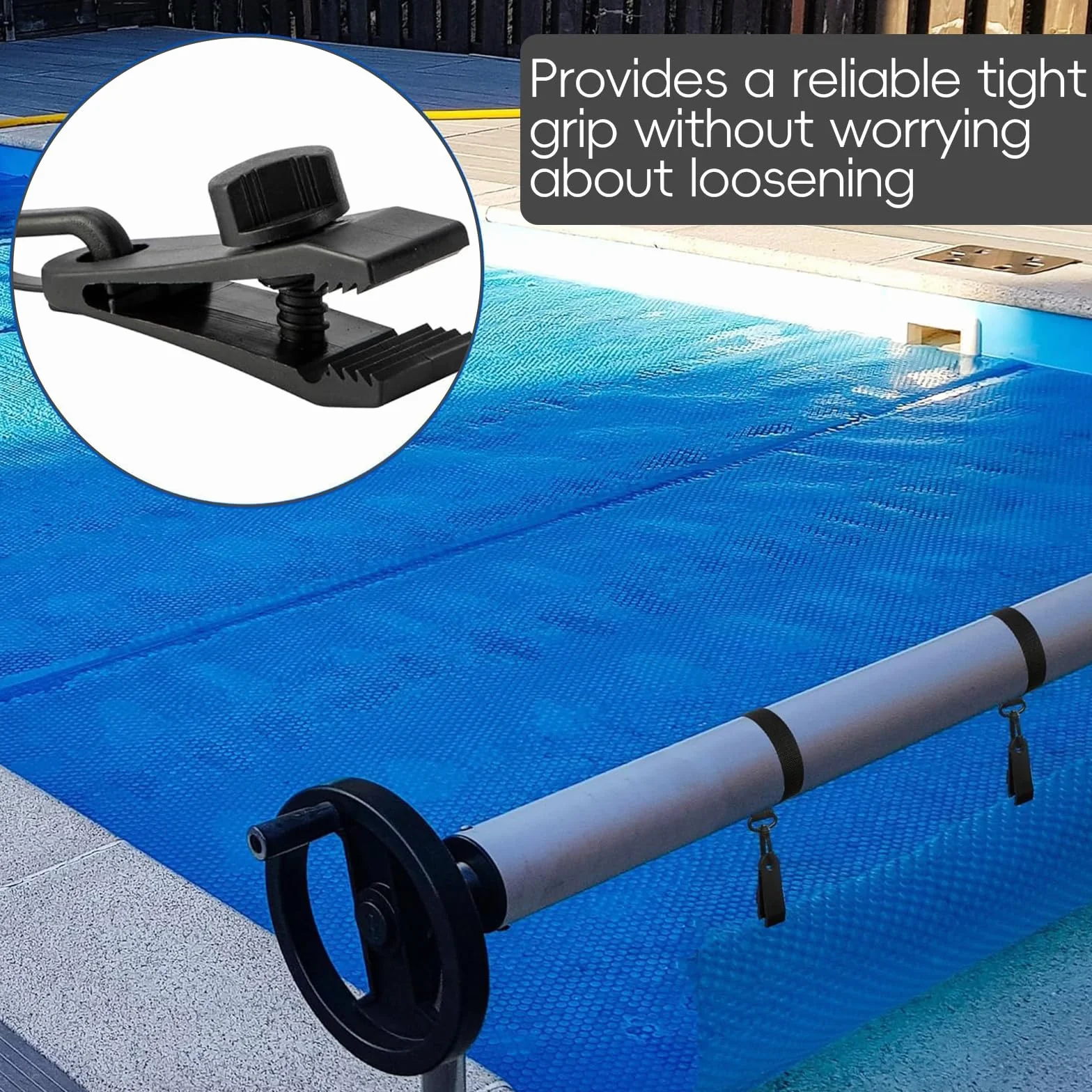 Enrollador de piscina, juego de 8 bandas de sujeción y 8 grapas, accesorios de cubierta, correas de cubierta solar y clips, para láminas solares para lonas de piscina, cubiertas