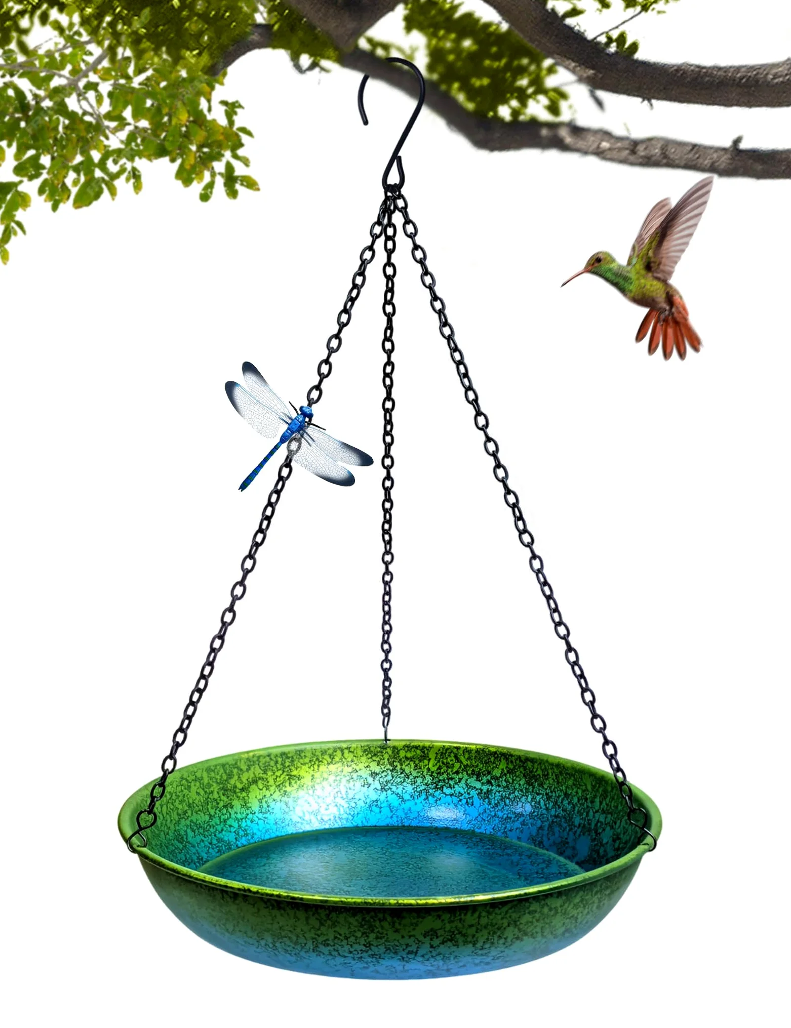 Baño colgante para pájaros para exteriores, comedero colgante de metal, comedero para pájaros, pintado a mano, degradado azul y verde, 11 pulgadas, para que los pájaros se bañen y beban para patio