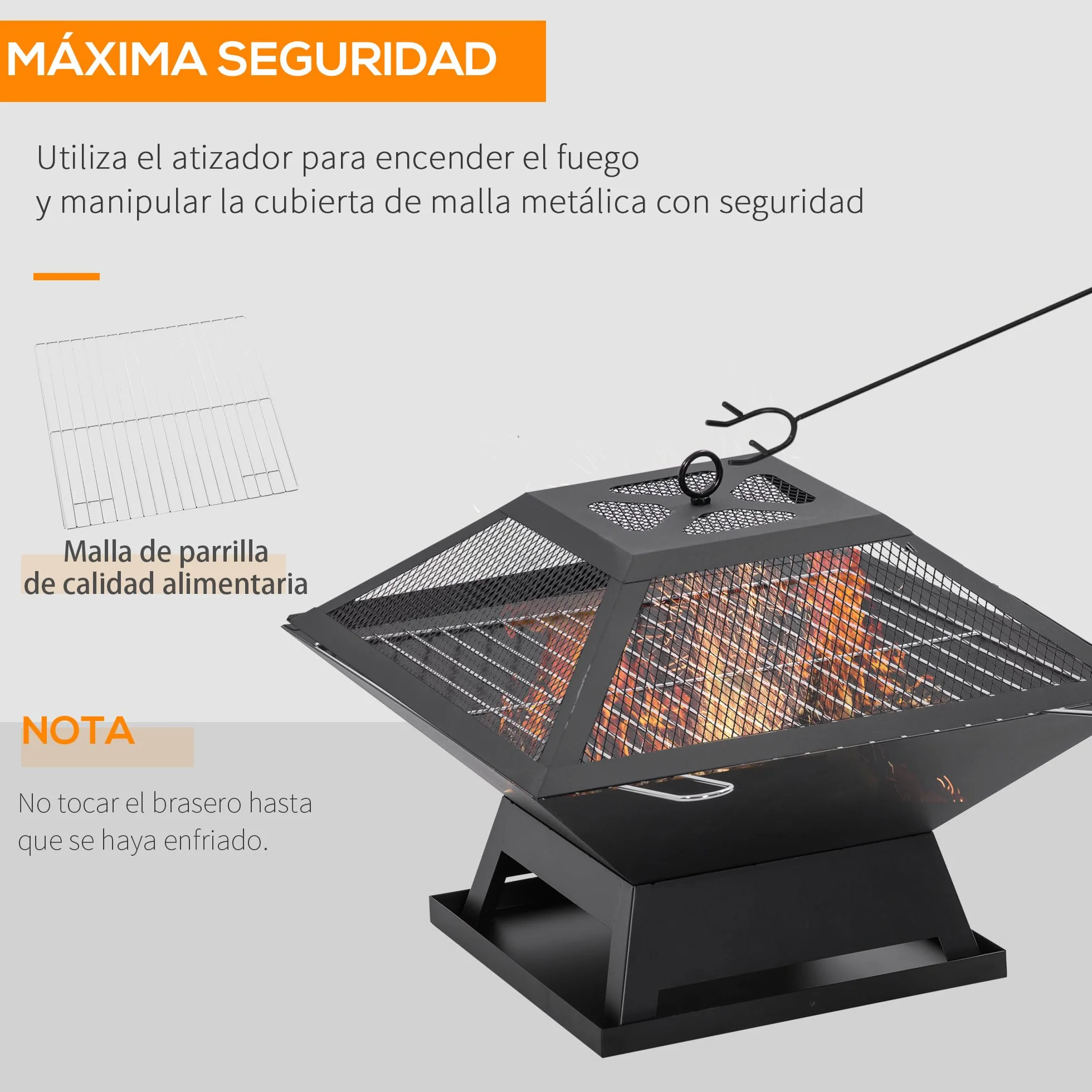 Outsunny Brasero Exterior de Acero Pozo de Fuego para Jardín Multifuncional con Protector de Chispas y Atizador para Barbacoa Hogueras en Terraza Camping 45x45x34 cm Negro
