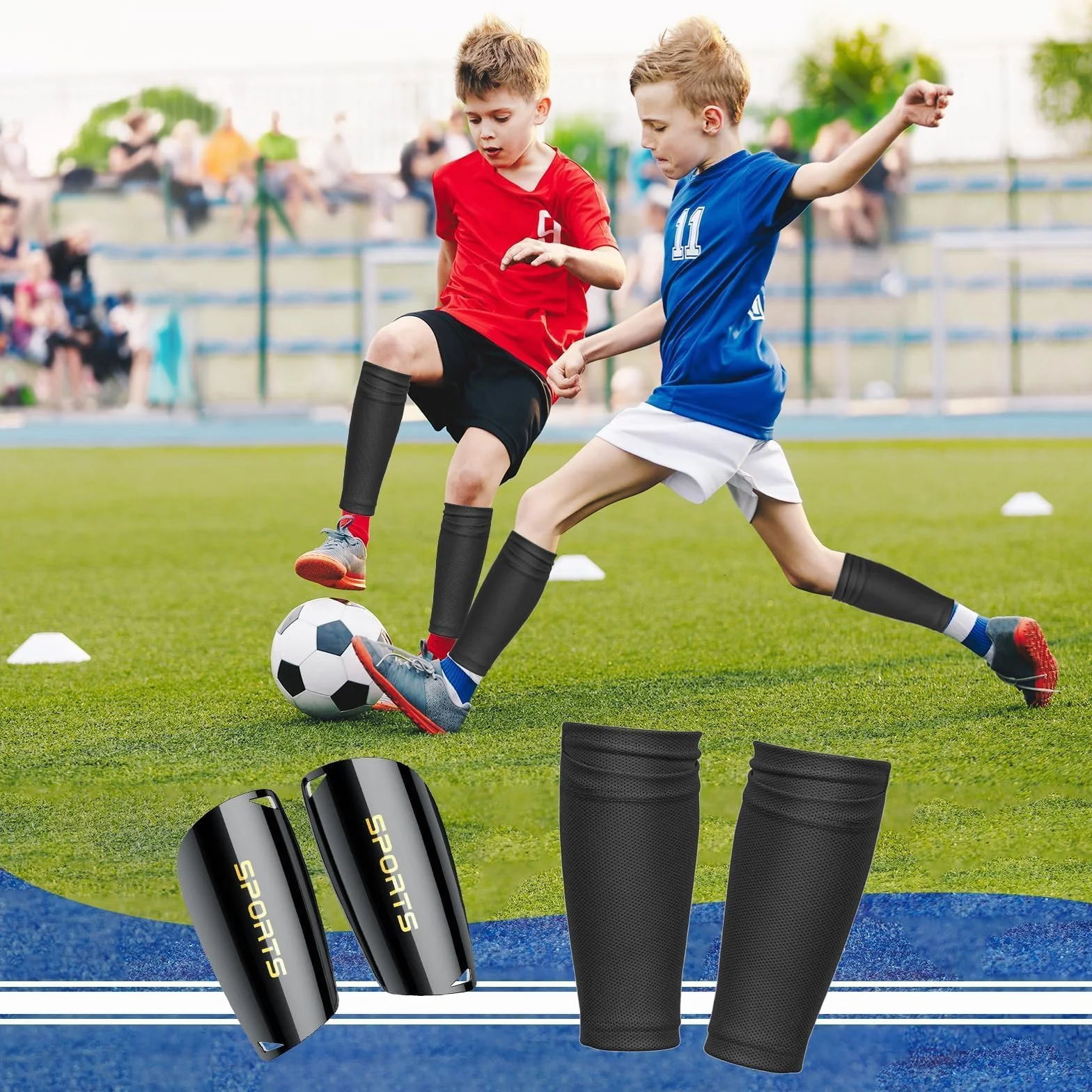 Espinilleras de fútbol con Mangas Antideslizantes para niños y adultos