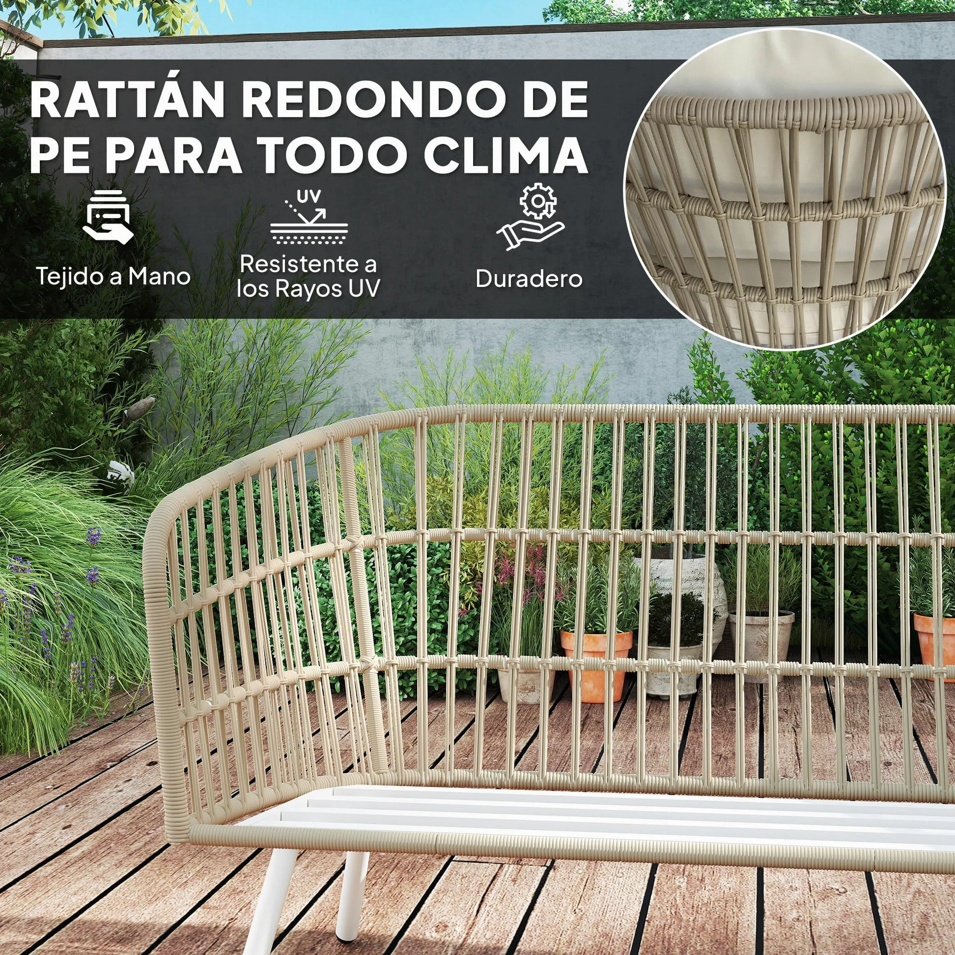 Outsunny Conjunto de Jardín Exterior de Ratán Sintético de 4 Piezas Muebles de Jardín Exterior con Sofá de 2 Plazas 2 Sillones 1 Mesa de Centro de Metal con Cojines Crema y Natural