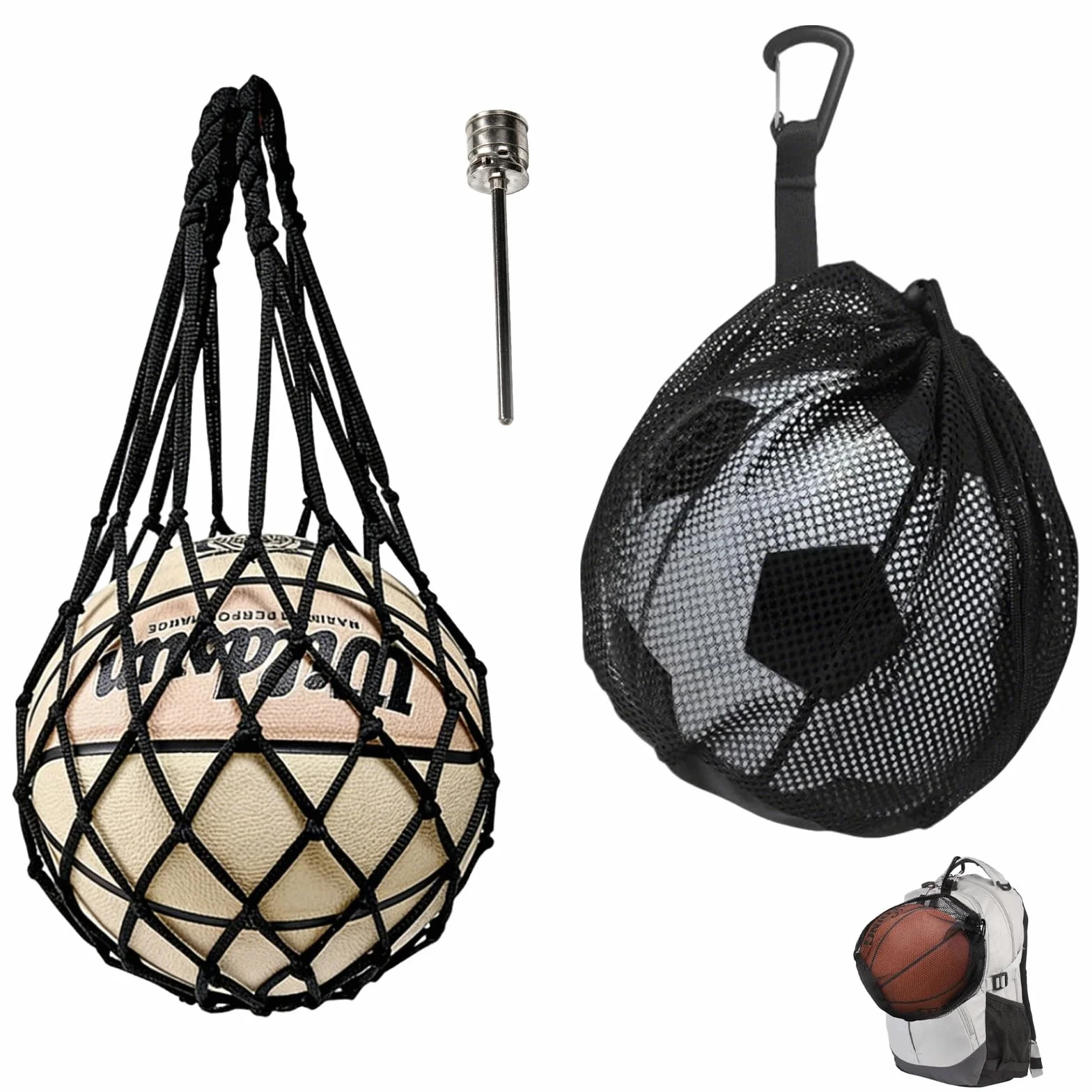 Bolsas de Red para Balones con Cordón y Gancho, Mochilas Portátiles para Baloncesto, Fútbol, Voleibol y Rugby, con Aguja de Inflado