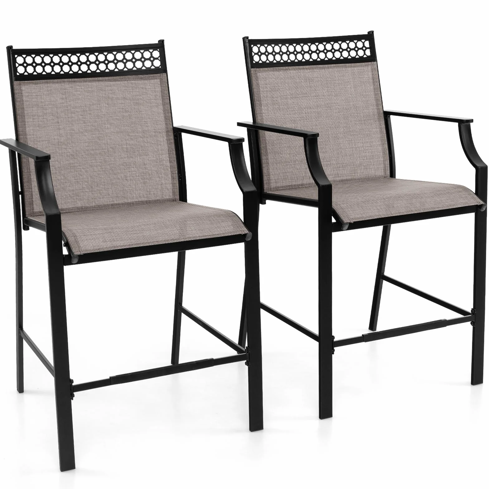 KOMFOTTEU Juego de 2 Sillas de Jardín, Silla Alta de Tela con Marco de Metal, Taburete de Bar con Respaldo y Reposabrazos, Silla de Comedor con Carga 180 kg para Terraza, 66 x 62 x 114 cm (Café)