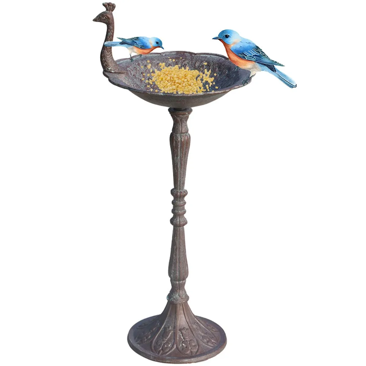 TentHome - Comedero y Bebedero para Pájaros en Forma de Pavo Real, Hierro Fundido, para Baño de Pájaros, Jardín Exterior, Marrón Envejecido