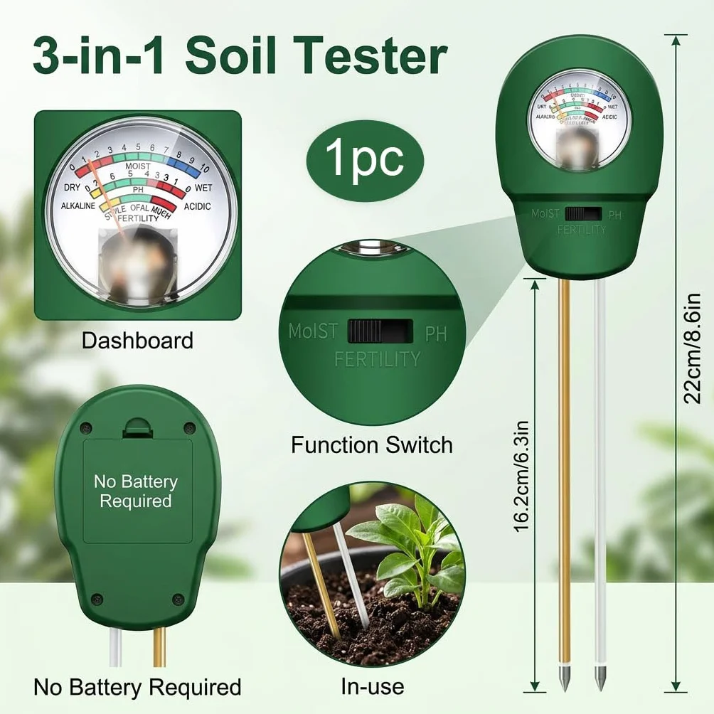 Medidor Humedad Plantas 3 en 1, Medidor pH Tierra Digital, Higrómetro Suelo Profesional para Test pH Suelo, Temperatura y Luz en Jardín, Césped y Macetas,no requiere pilas
