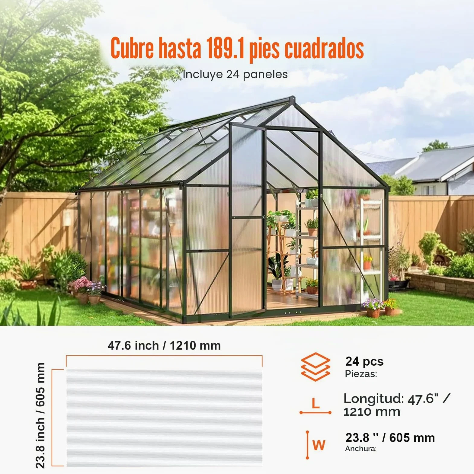 VEVOR Paneles de Policarbonato para Invernadero, Láminas de Plástico Corrugado con Protección UV Resistente al Agua, Resistentes al Impacto para Invernaderos y Jardines, 1210 x 605 x 4 mm, 24 uds