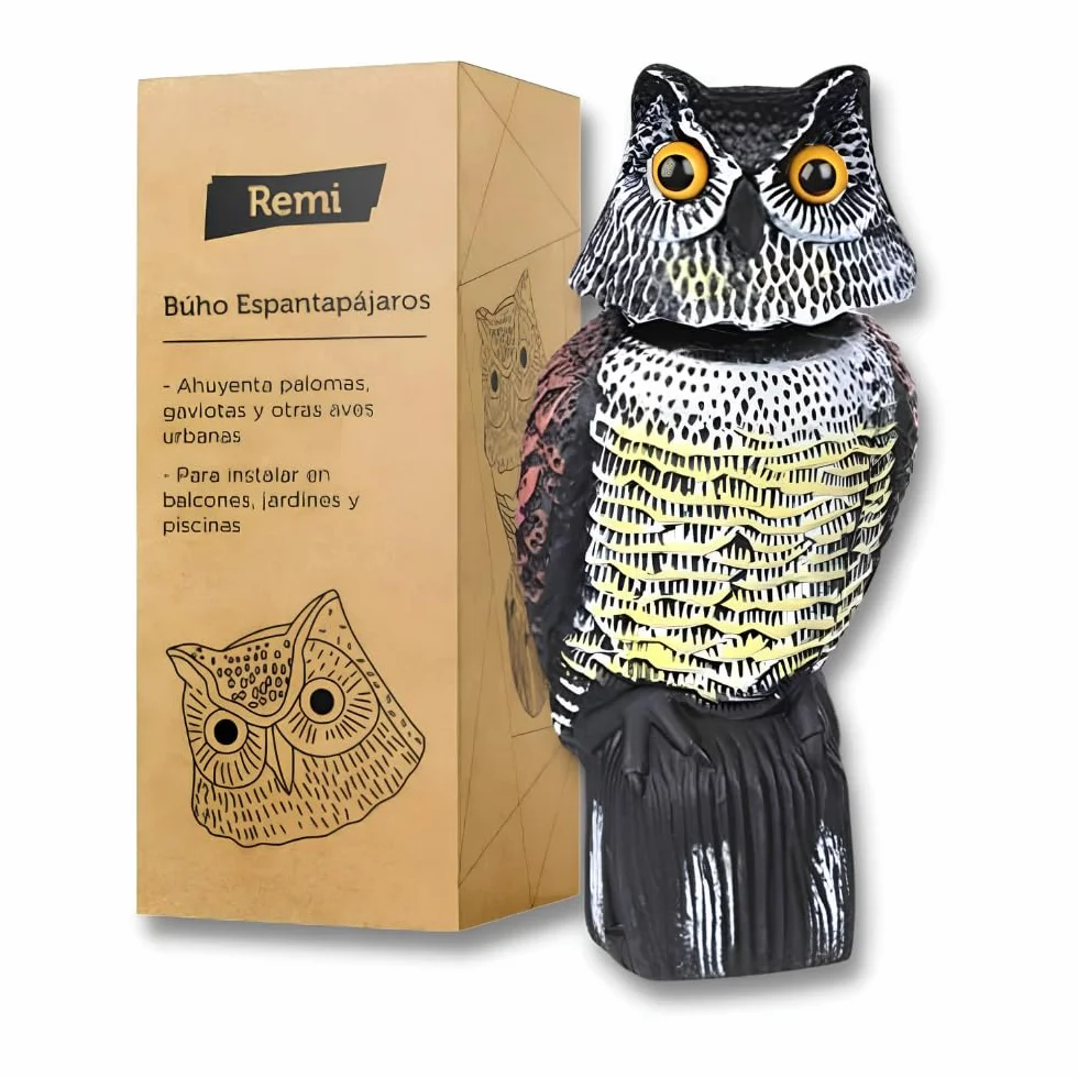 Remi Hogar Búho Espantapájaros Realista | Ahuyenta Palomas, gaviotas y Otras Aves urbanas | para Exteriores, Balcones, Jardines y Piscinas | Poliuretano | Respetuoso con el medioambiente y Fauna