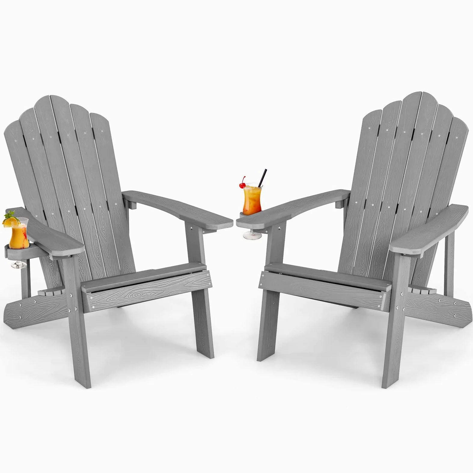 COSTWAY 2 Sillas Adirondack con Portavasos, Sillas para Hogueras, Resistente a la Intemperie, Grano de Madera Realista, Facíl de Montaje, Silla de Exterior para Patio, Jardín, Terraza (GIRS,2)
