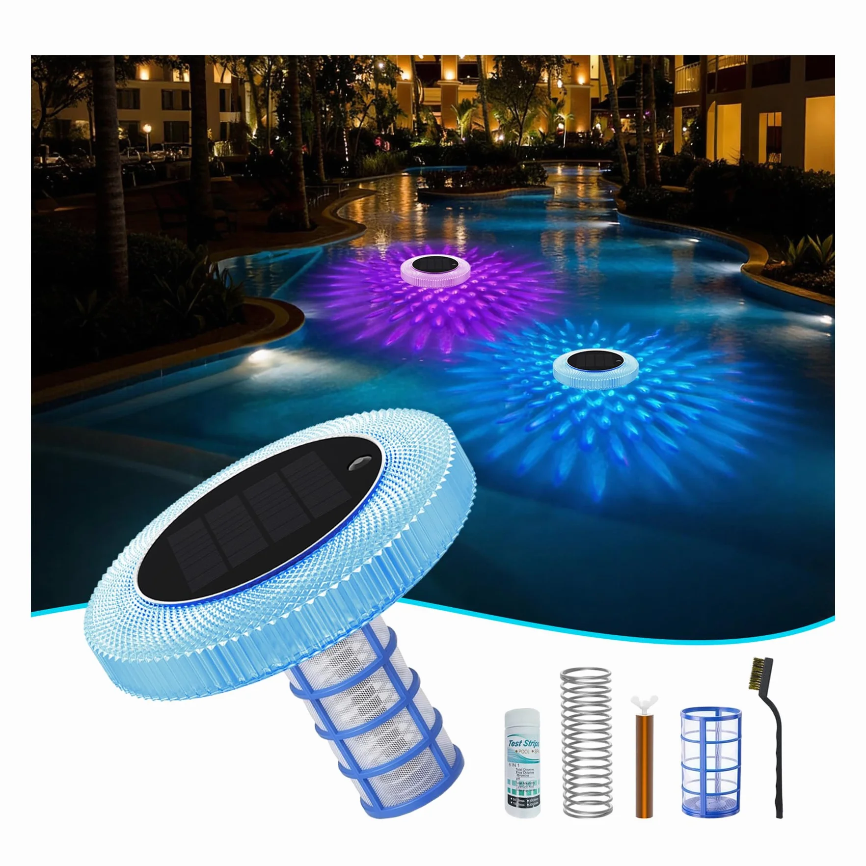 Ionizador de Piscina Solar,Purificador de Agua Flotante de Cobre con luz Nocturna LED Multicolor para Encendido/Apagado Automático,Accesorios de Piscina que Reducen el Cloro y la Irritación de la Piel