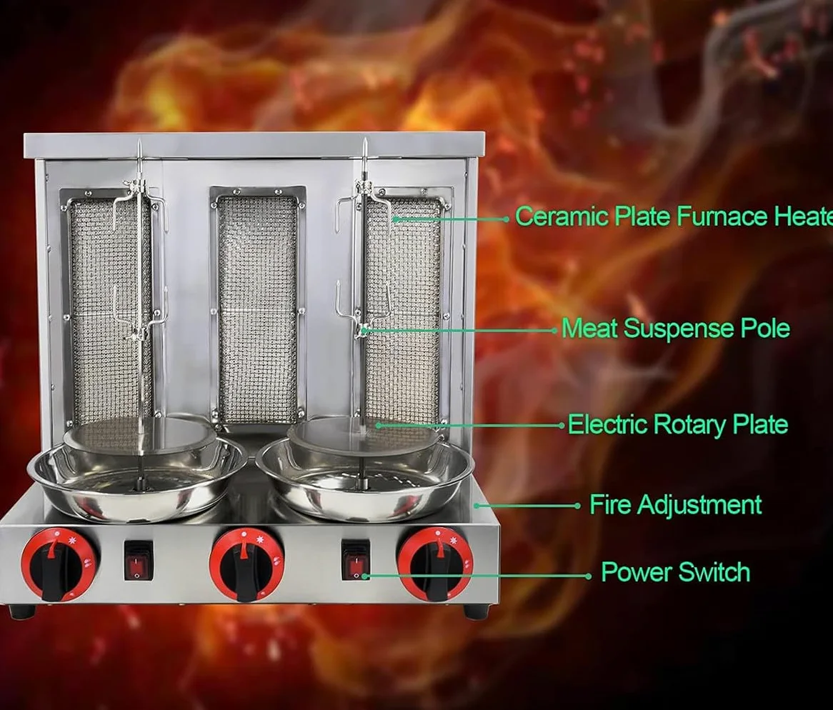 Genérico Máquina para Hacer Doner Kebab a Gas, asador Giratorio de 360 ​​Grados para Carne, asador de Pollo Turco Comercial para mostrador con Quemador, asador Vertical para Kebab a Gas