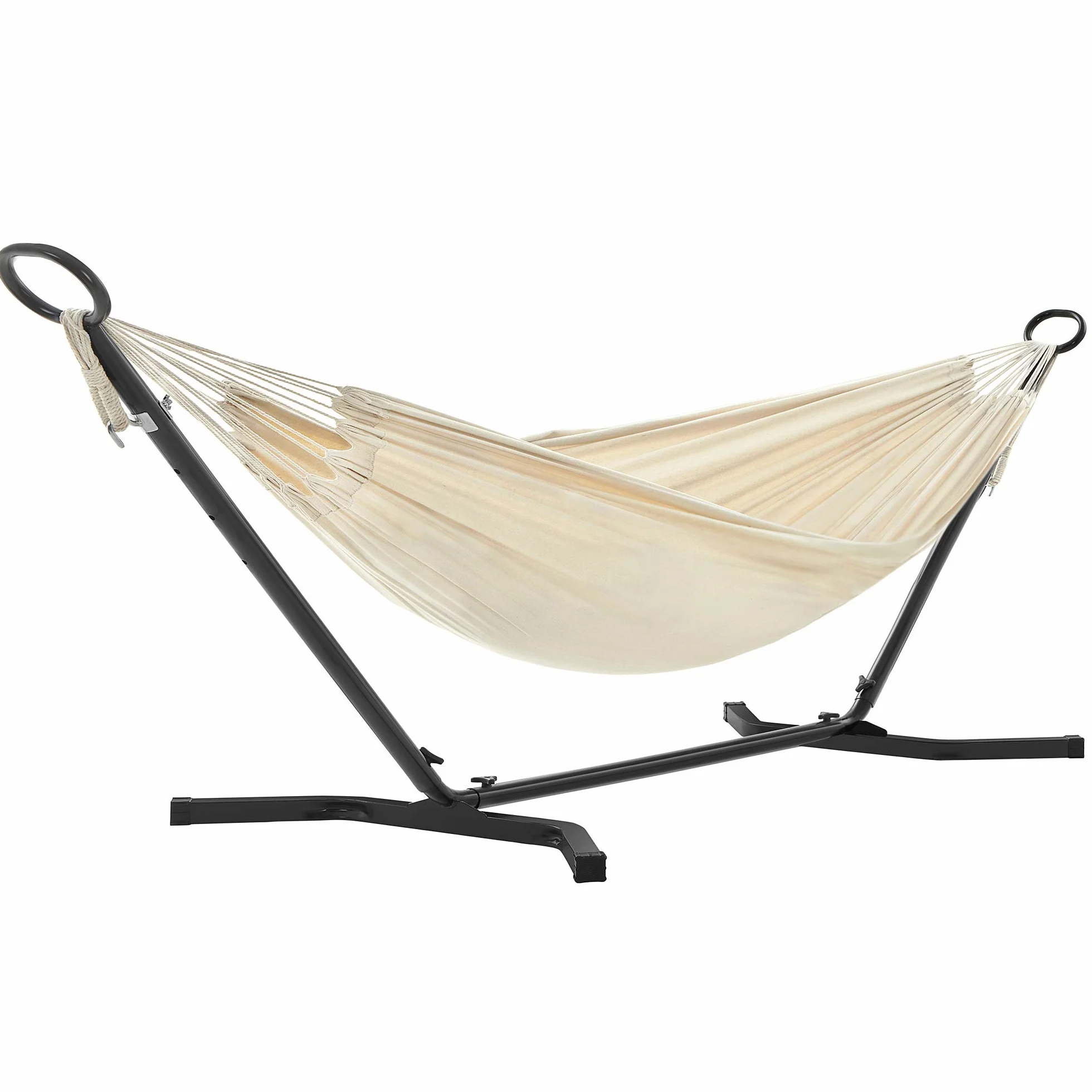 SONGMICS Hamaca con Soporte, Hamaca de 210 x 150 cm, 5 Alturas Ajustables, Portátil, Marco de Metal, Carga de 240 kg, para Patio, Jardín, Negro y Beige GHS001M01