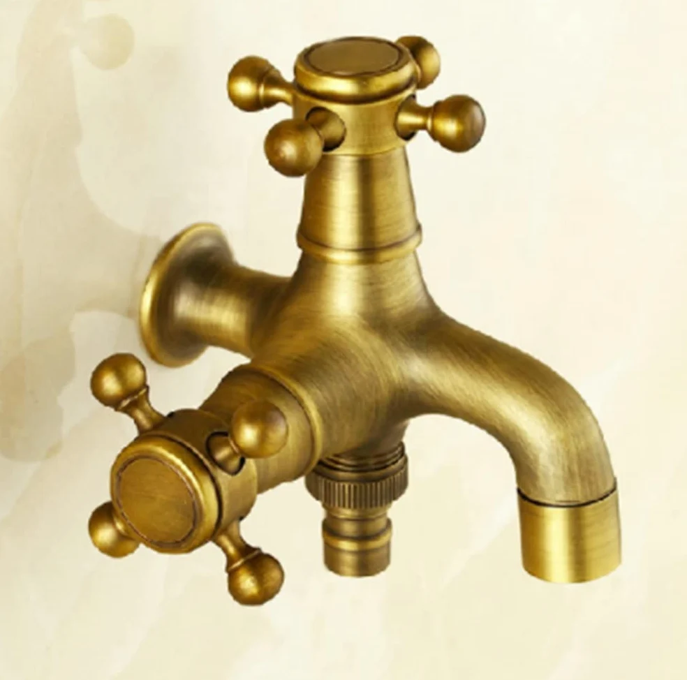Grifo de Latón Antiguo 1/2 Pulgadas Montaje en Pared para Cocina Lavabo Jardin (Double Salida 1)