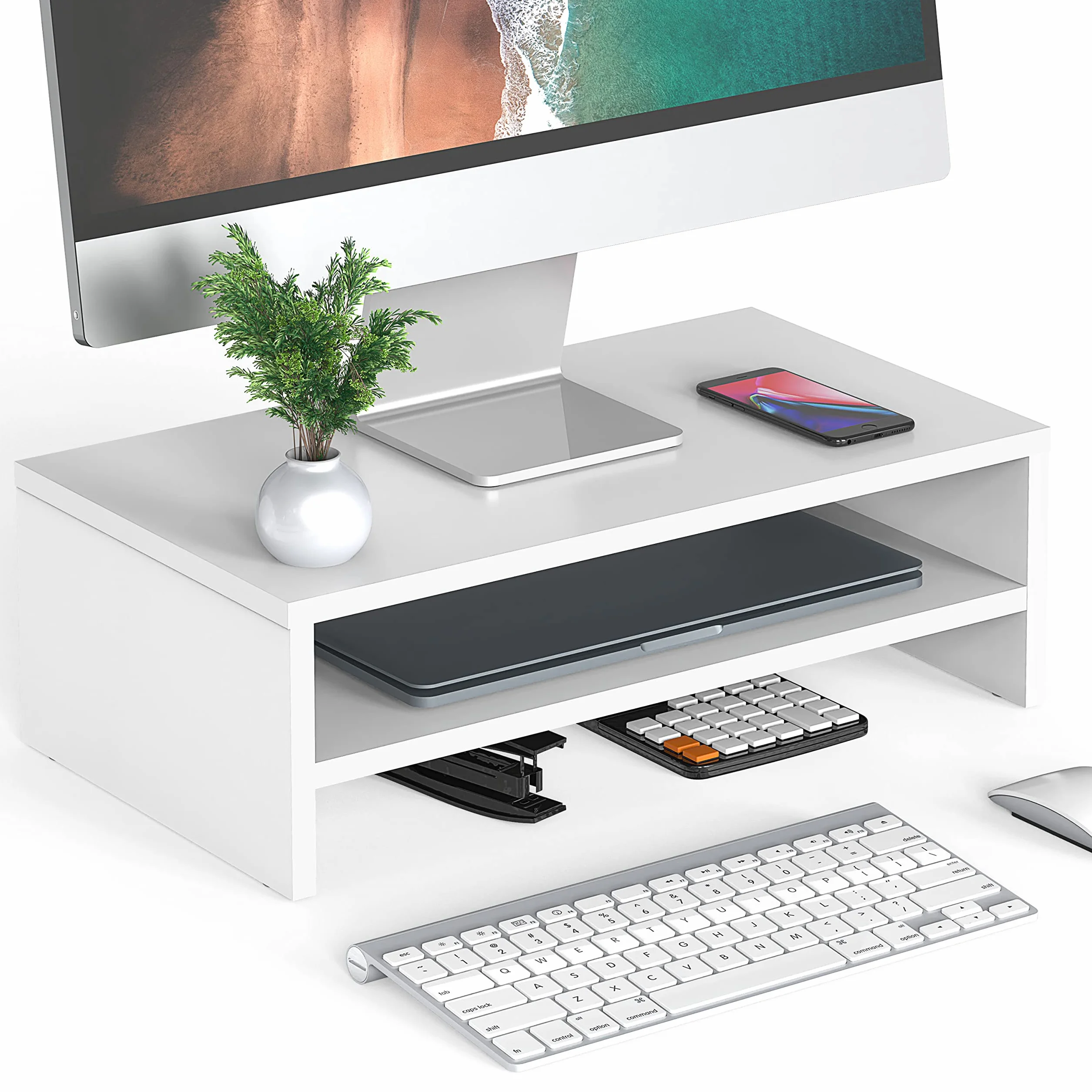FITUEYES Soporte Monitor Madera 2 Capas 42.5x23.5x14cm Blanco