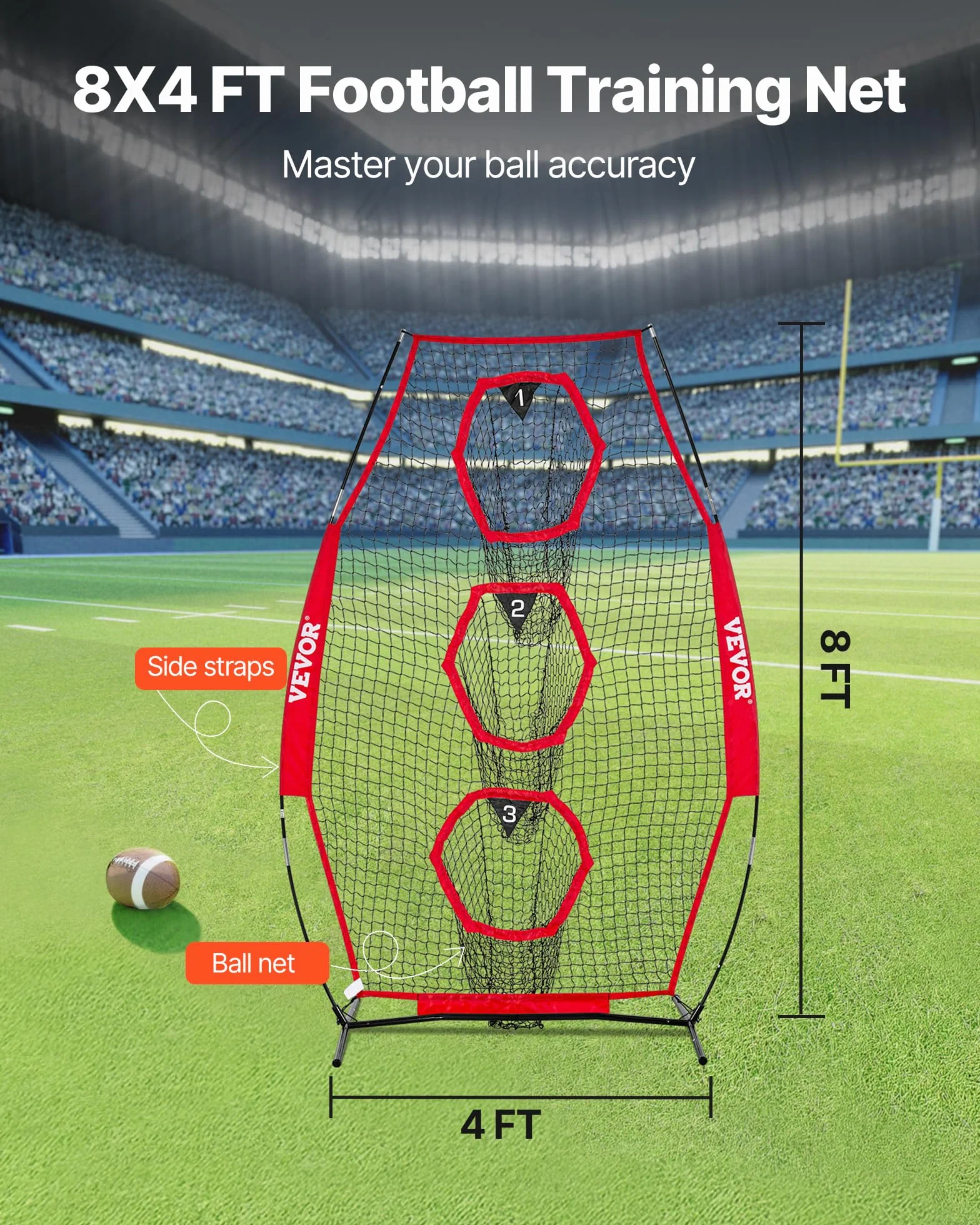 VEVOR Red de Lanzamiento para Entrenador de Fútbol, 168 x 77 x 245 cm, 3 Bolsillos, Rojo