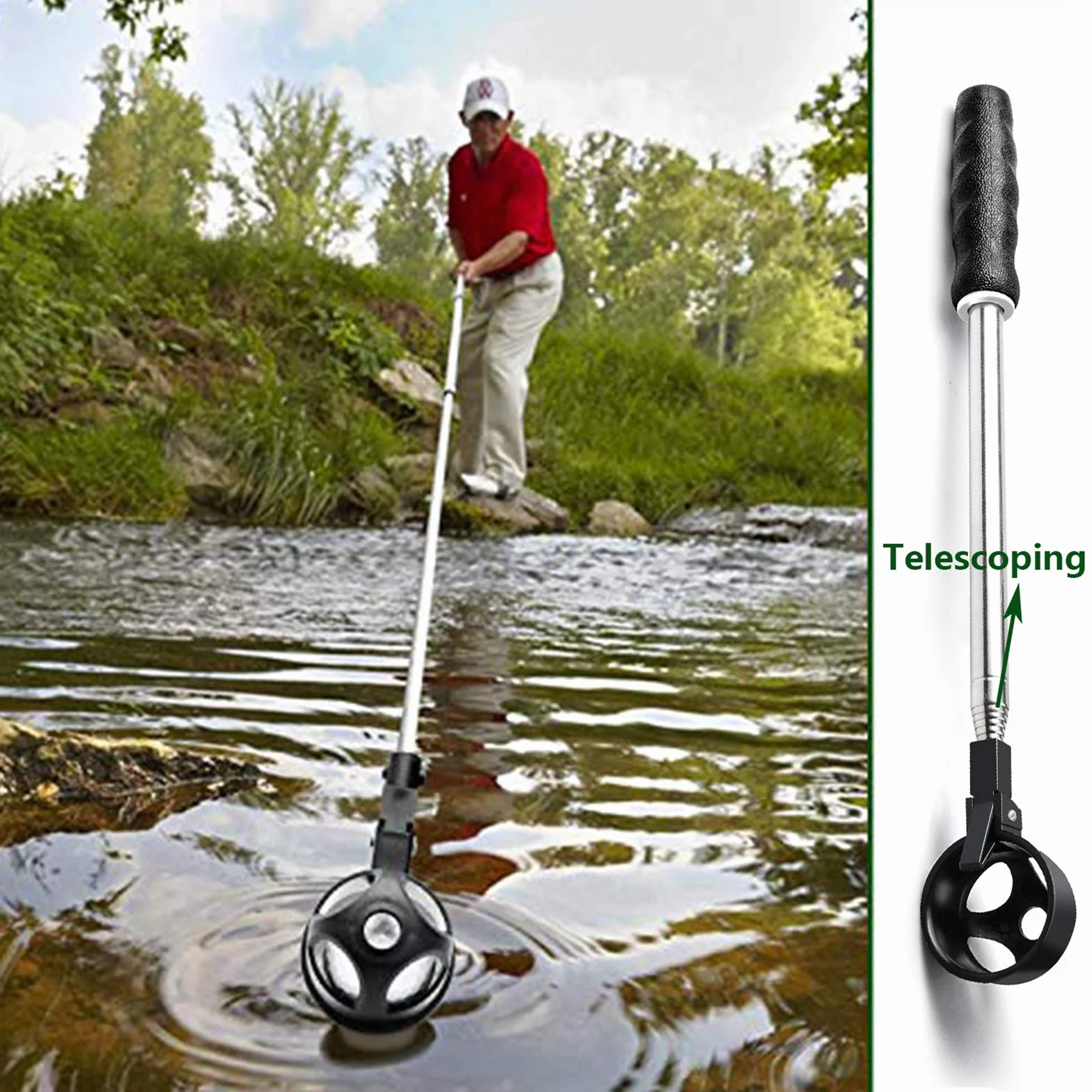 Recuperador de Pelotas de Golf Telescópico de Acero Inoxidable para Agua con Agarrador para Putter, 2 m