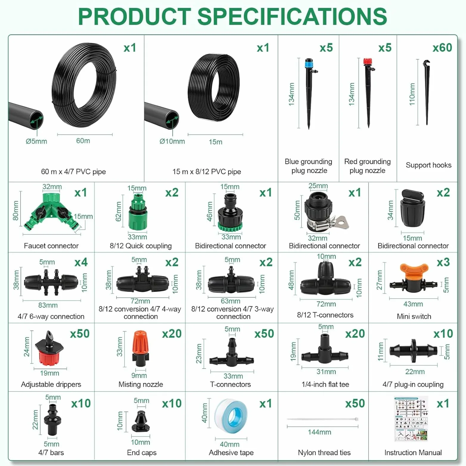 Sistema de Riego Jardín 315 PCS Sistema de Riego Por Goteo con 60 m + 15 m Tubos, Kit Riego Automatico Macetas para Jardín, Plantas, Invernadero, Macetas de Balcón