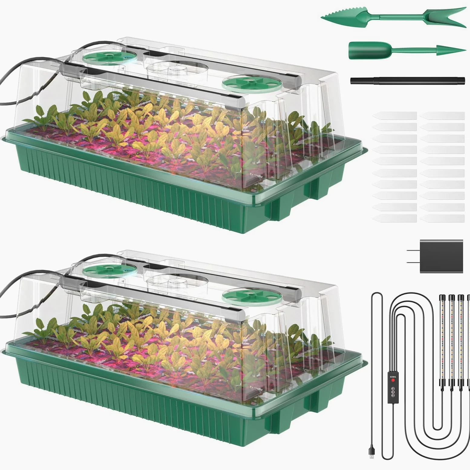 Bandeja de inicio de semillas, 80 celdas, bandejas de inicio de plántulas con luz de crecimiento y cúpula de humedad, kit de germinación de semillas reutilizable para jardinería en interiores