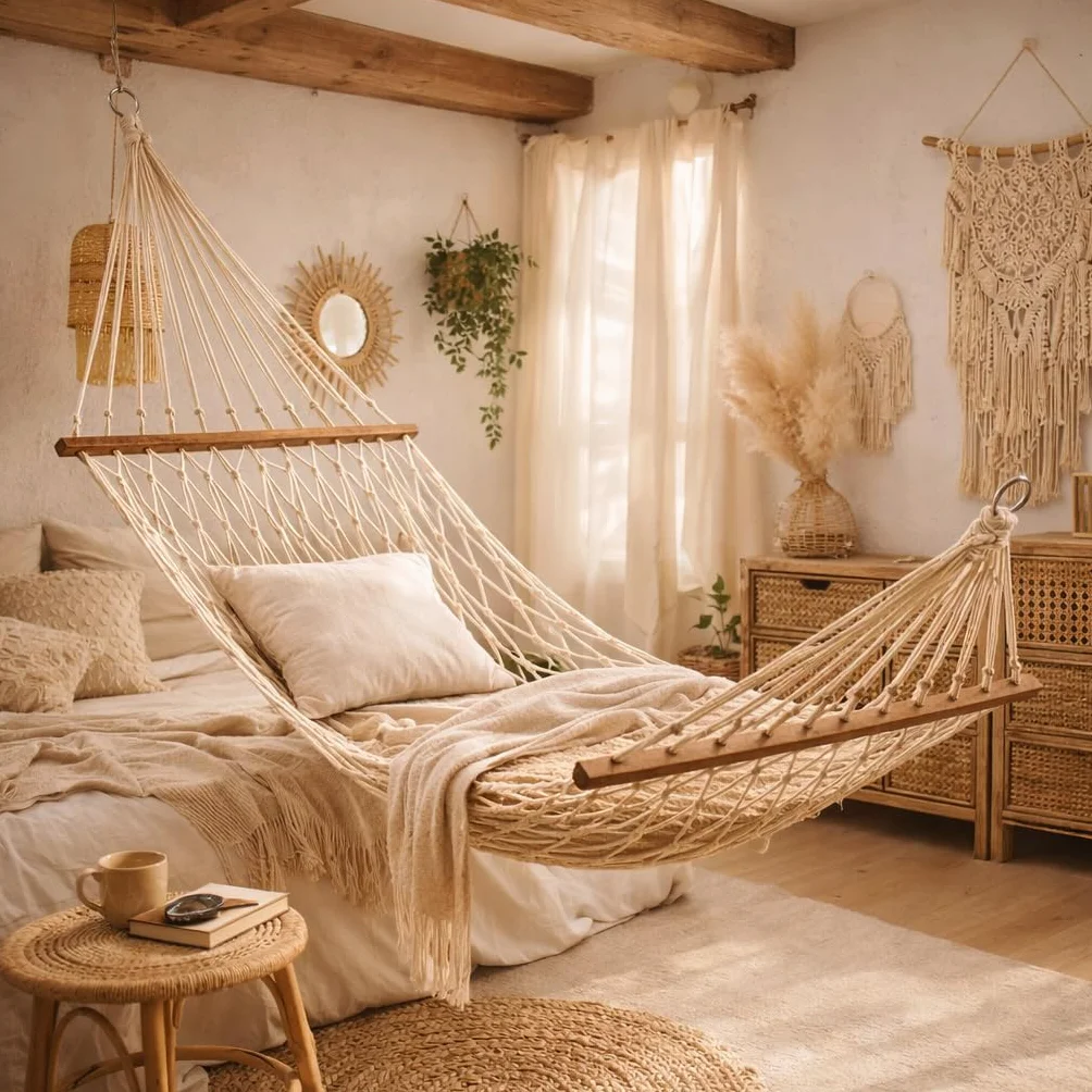 Hamaca Macramé de 270 x 80 cm (Zona Útil 190 x 80 cm) Hamaca de Red Estilo Boho para Jardín Terraza Interior Camping Campers o Caravanas Bolsa de Transporte incluida