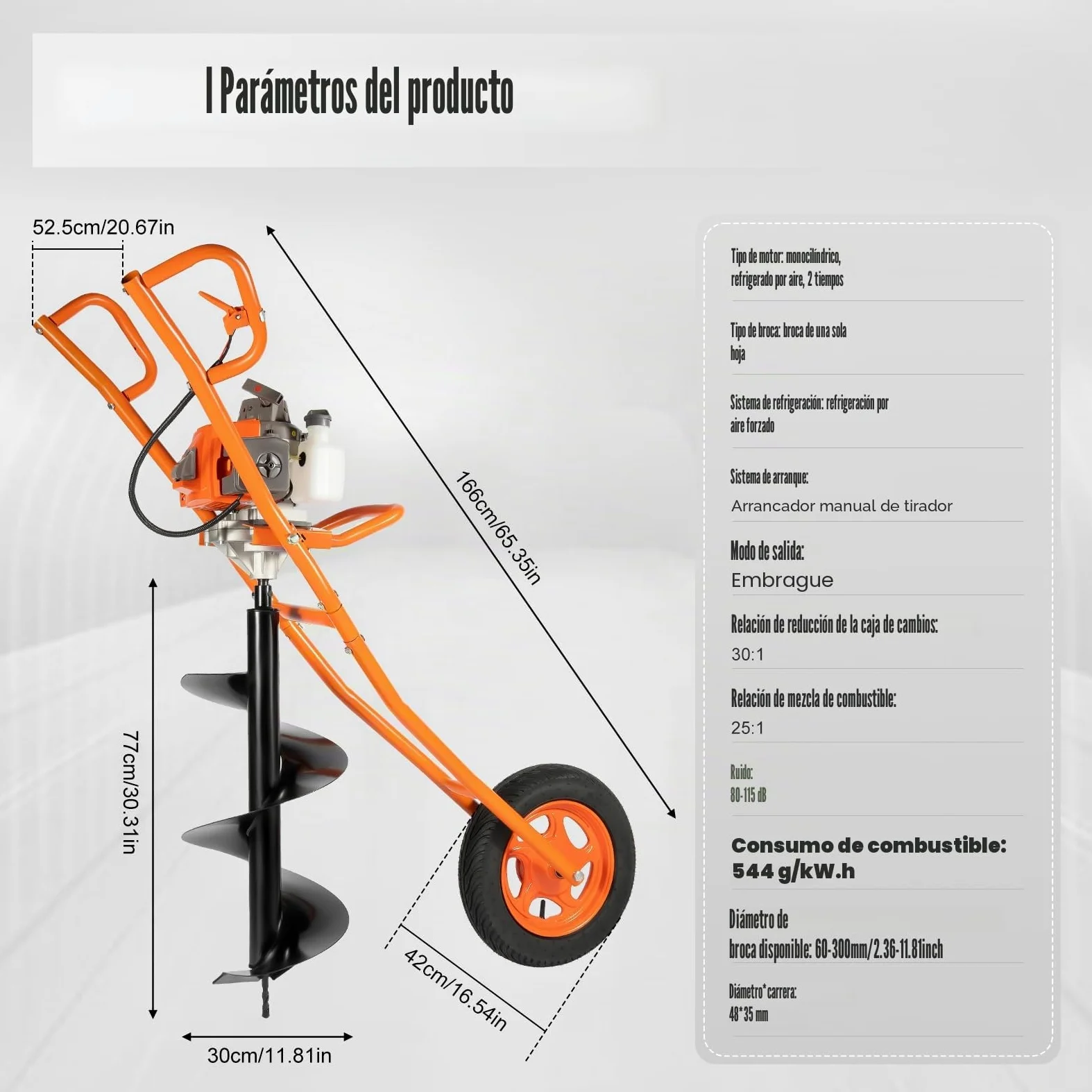 Ahoyadora Gasolina 63,3 cc con Rueda y Broca de 300 mm, 2 Tiempos | Potencia de 2,2 kW, Hasta 8800 rpm, Depósito de 1,3 L, Arranque Manual y Transmisión 30:1 para Plantar y Colocar Postes