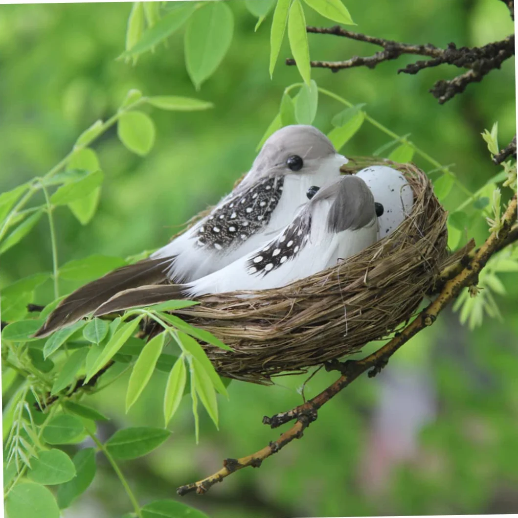 Pájaros realistas con plumas artificiales con huevo de nido para el hogar, jardín, ornamento de jardín, manualidades al aire libre, pájaro realista para ventana, jardín, balcón, patio, césped, patio