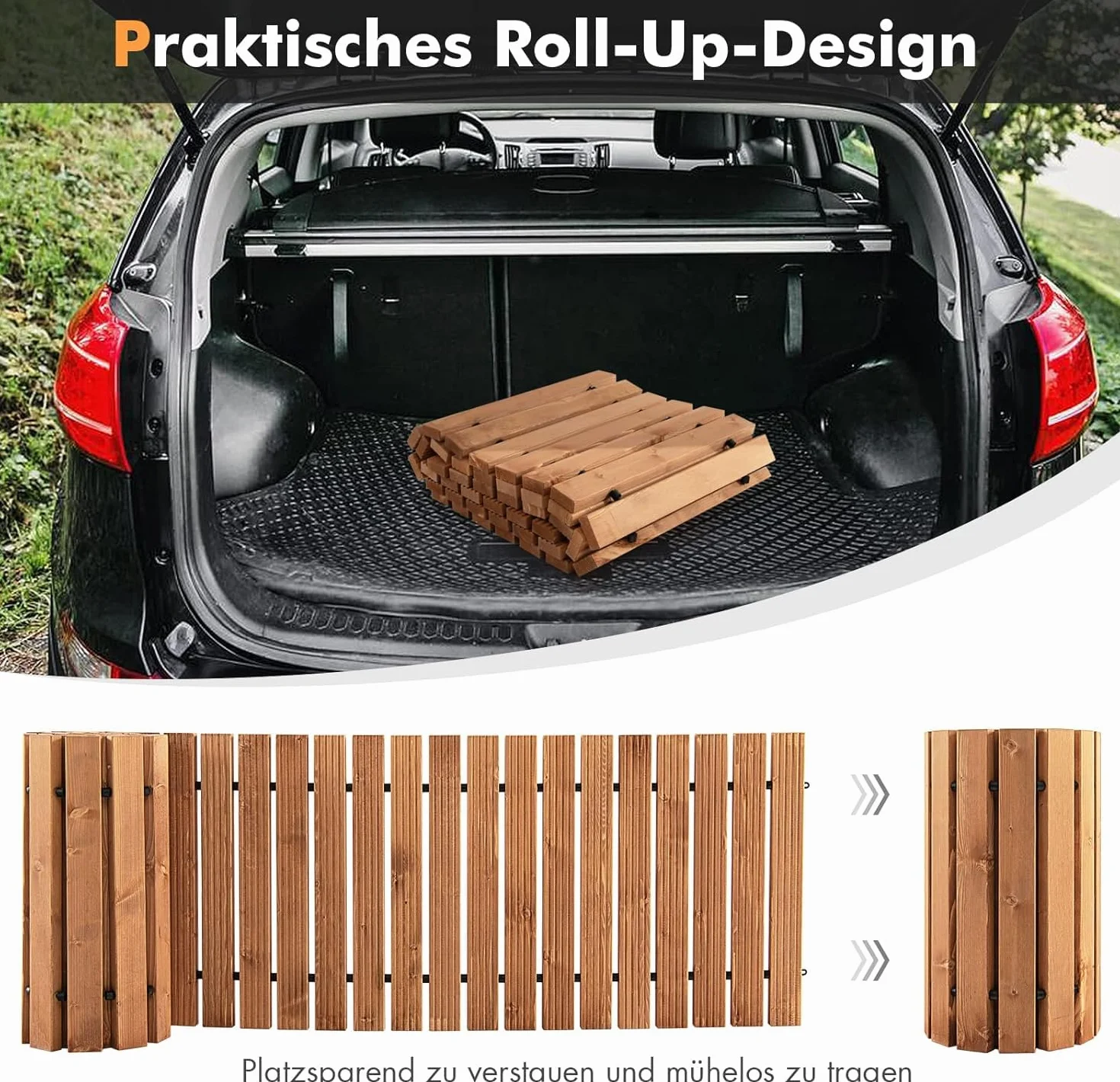 FANTASK Camino de jardín Extensible de Madera, 245 cm de Ancho y 55 cm de Ancho, con Alambre de Acero, Color marrón Claro