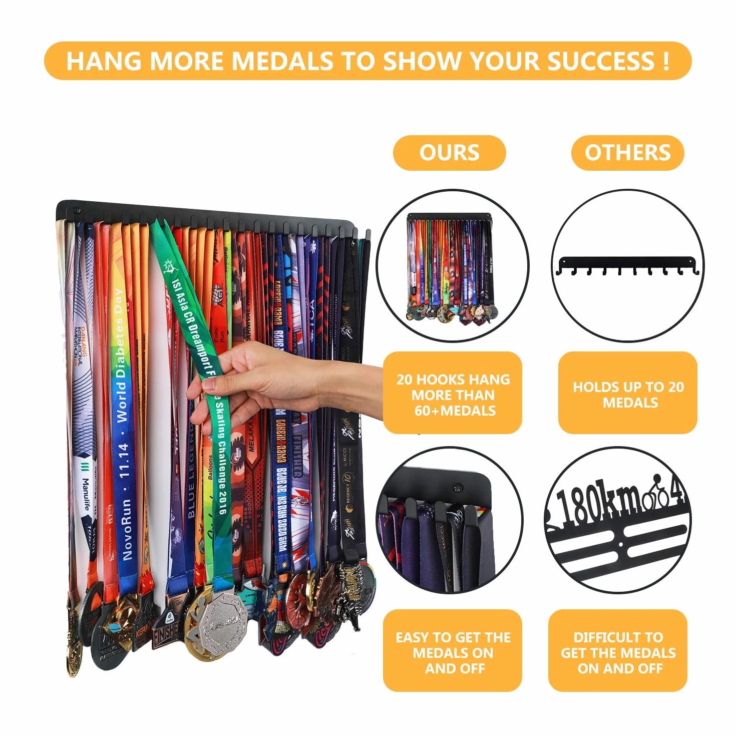 Soporte para medallas de acero negro, para más de 60 medallas, fácil de instalar