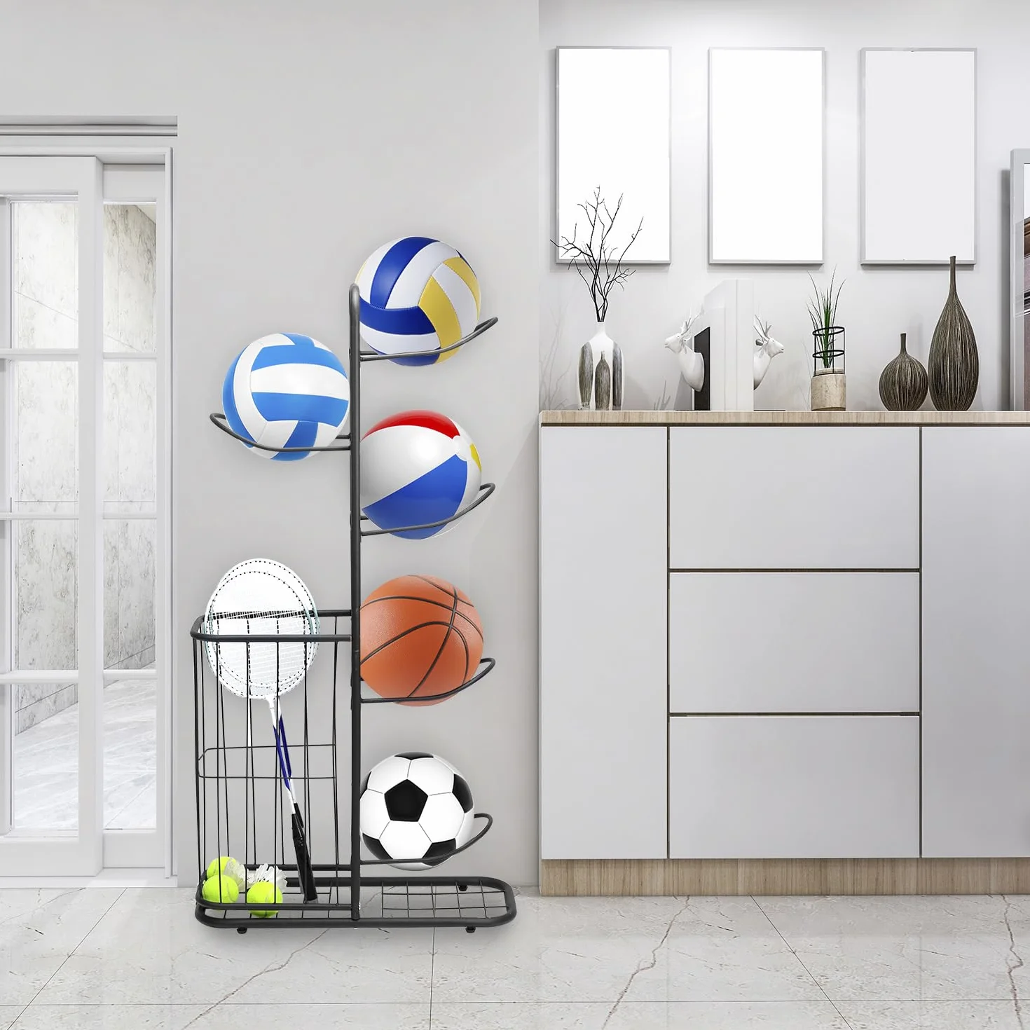QWORK Estante de Almacenamiento de Baloncesto, Soporte para Pelotas, 116 x 23.5 x 58cm