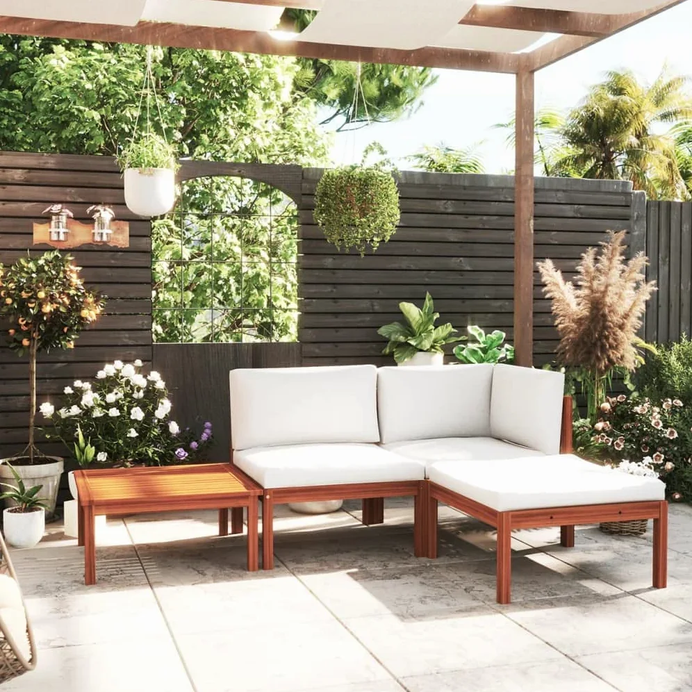 Hothingwell - Salón de jardín de 4 piezas, madera acacia crema cuerda | Respaldo de cuerda trenzada, pino macizo duradero, diseño modular, cojín de goma incluido