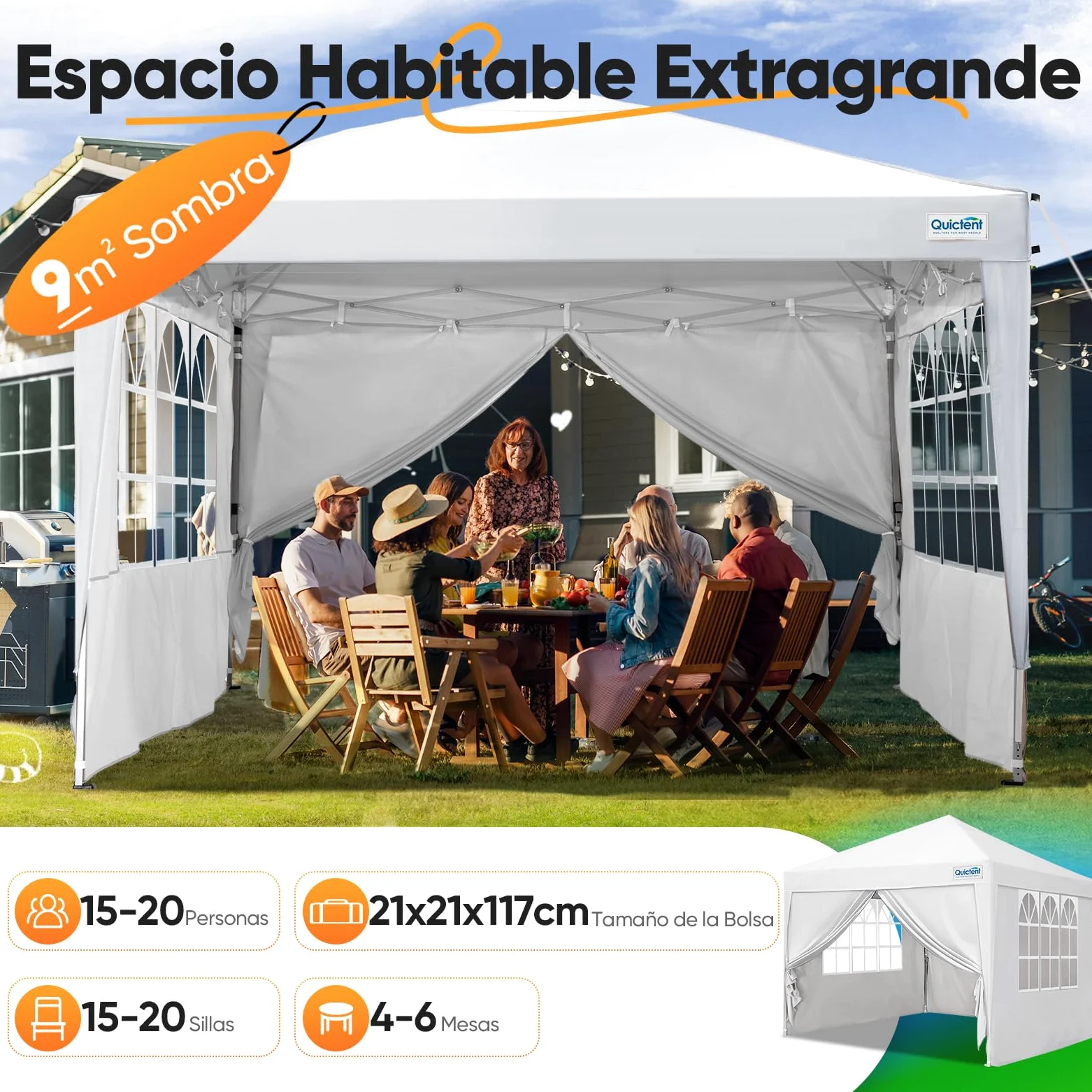 Quictent Carpa Plegable 3x3m Gazebo con Paredes Laterales Extraíbles, Refugio para Eventos de Altura Ajustable, Tienda Portátil para Fiesta de Jardín y Camping, Blanco | Carpa de jardín con paredes laterales, protección UV 50+, bolsa de transporte, marco