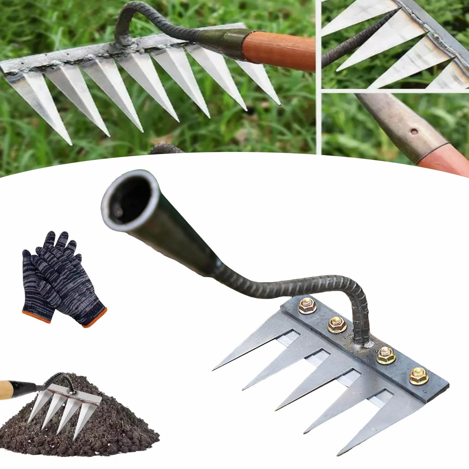 Rastrillo De Deshierbe, Rastrillo Jardin con Mango, Rastrillo Malas Hierbas, Rastrillo De Acero Al Carbono De 5/6/7/8 Dientes, Elimina Malezas, Grava y Hojas en 1 Pasada (5 Dientes)