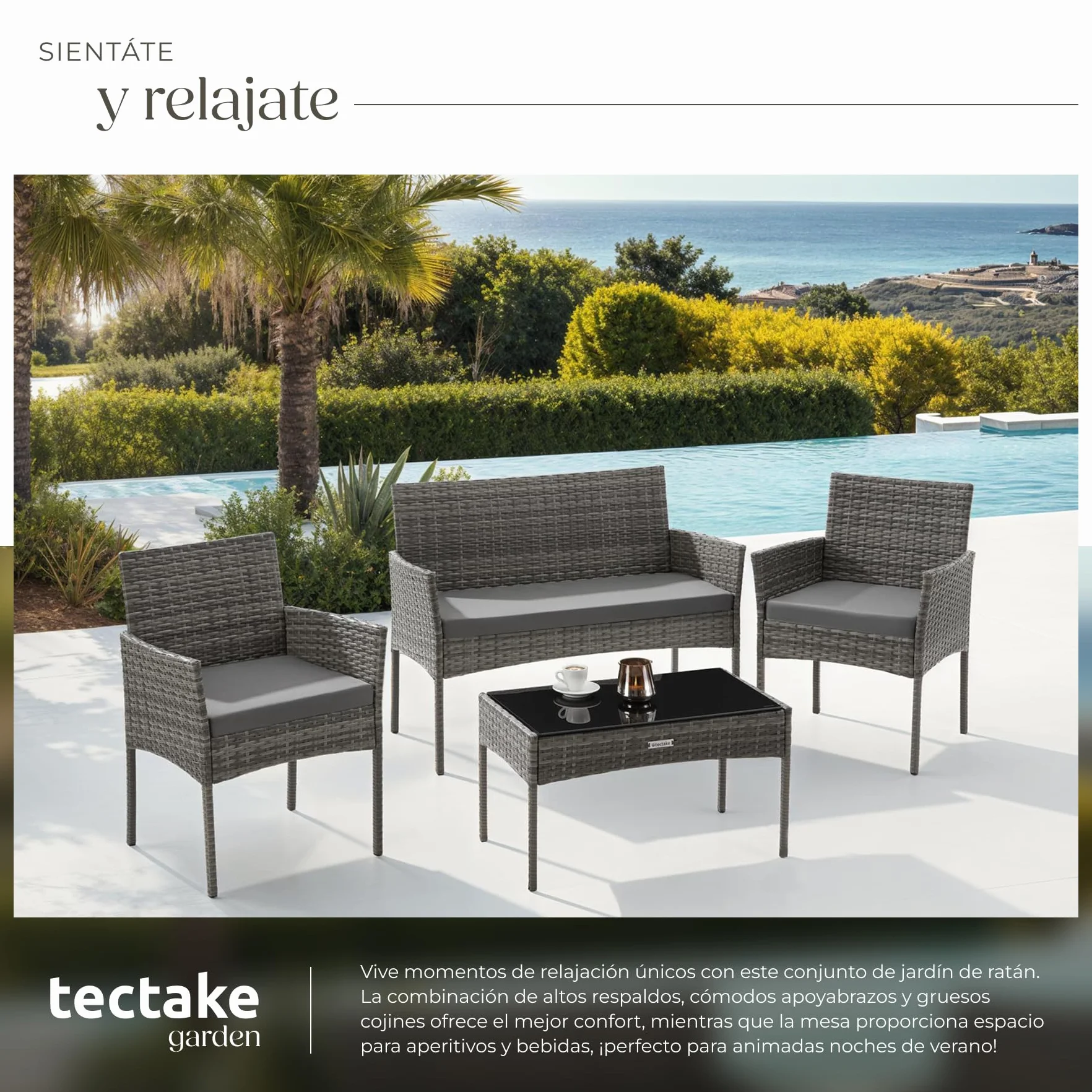 tectake® Conjunto Jardin Exterior de Ratán, Muebles Jardin Exterior para 4 Personas, Muebles Terraza con Mesa de Vidrio, Sofa Exterior y Sillas con Cojines Lavables, Sillon Cómodo - Gris