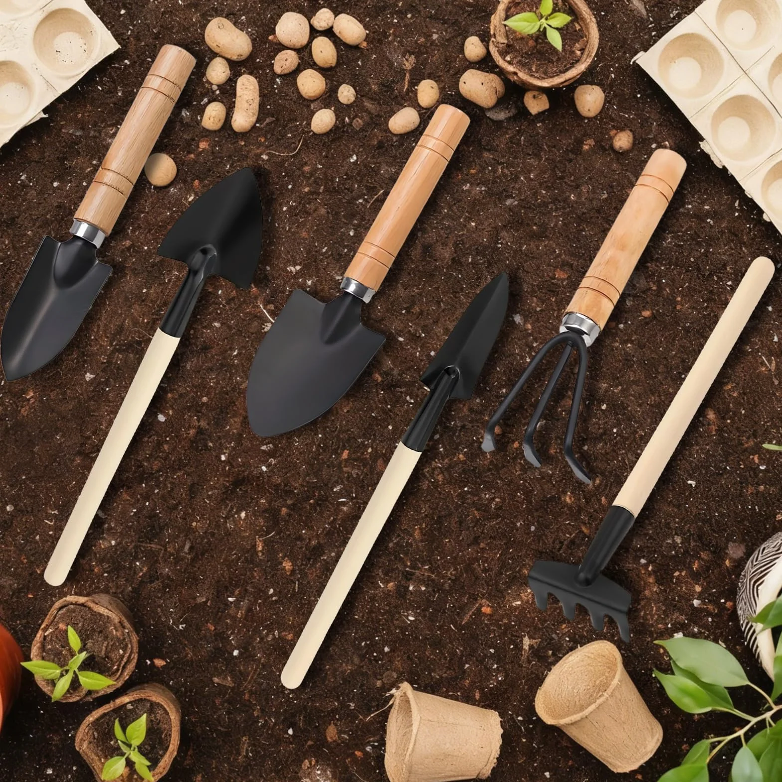 6 Juego de Herramientas de Jardín, Mini Herramientas Jardineria, Herramientas de Jardín Pequeñas, Kit de Jardinería Mango de Madera, Pala, Pala Pequeña, Rastrillo, para Suculentas, Plantas en Maceta