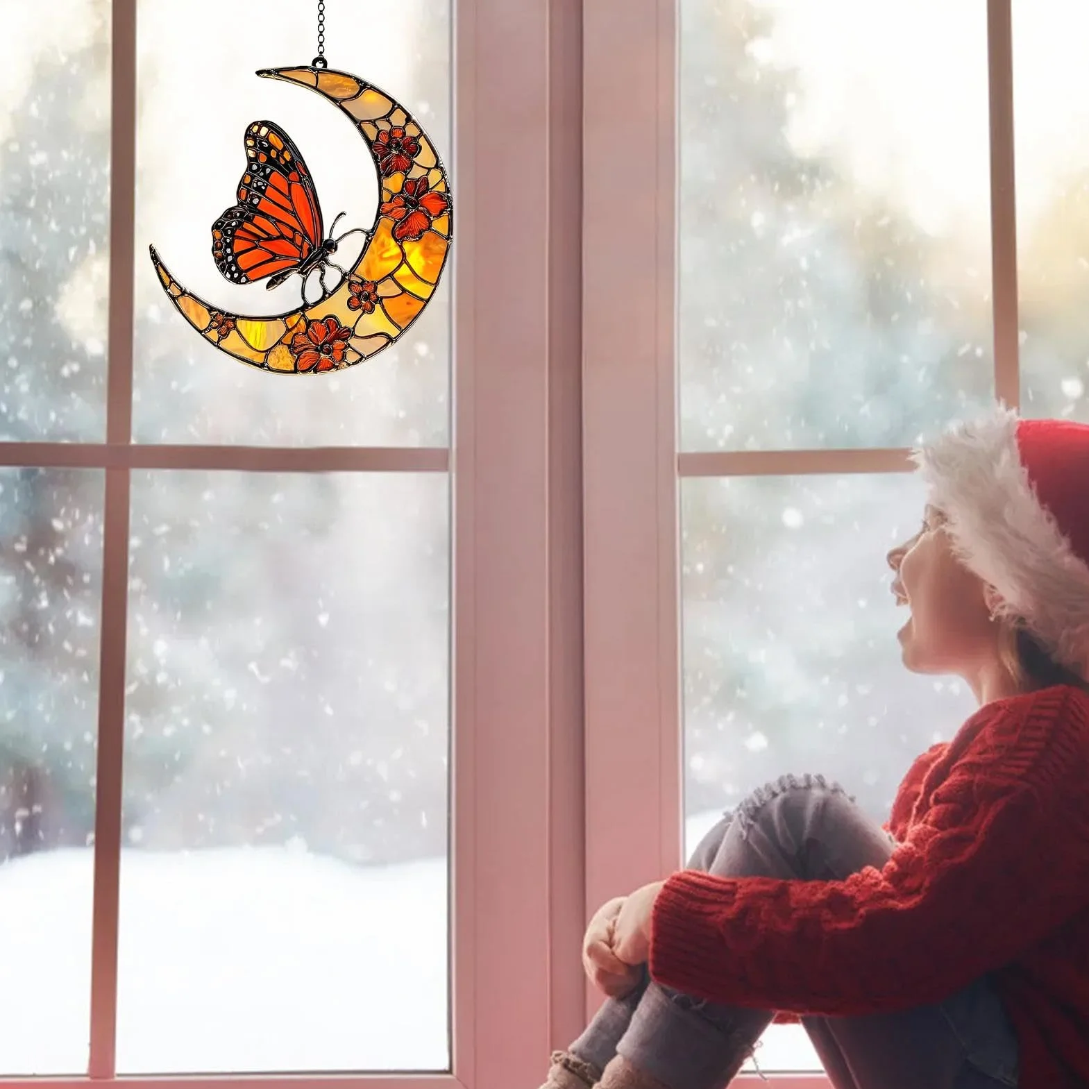 Cattador De Luna Solar, Mariposa Y Luna Solar Catcher Window Butterfly Catcher Catcher Butterfly Sun Catcher, Monarch Butterfly Y Flower Moon Ornament Para Ventana - Ornamento De Arte Acrílico Para De
