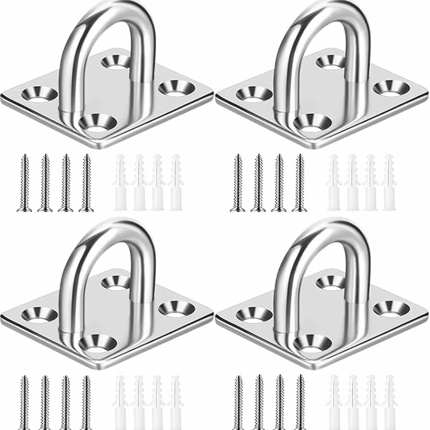 Greluma 4 Pzs Gancho de anillo de grapa con placa de ojo de almohadilla resistente con forma U para toldo de vela-Ganchos para hamaca de techo y pared M5 para suspensión columpio-Acero inoxidable 304