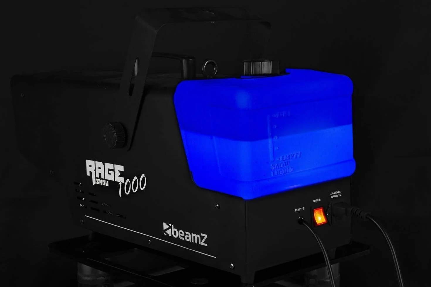 BeamZ RAGE1000SNOW Máquina de Nieve 1000W - Incluye 5L Líquido, Mando Inalámbrico + con Cable, Boquilla Estrella, Tanque Iluminado LED, Efecto Invernal para Eventos, Fiestas o Après-ski