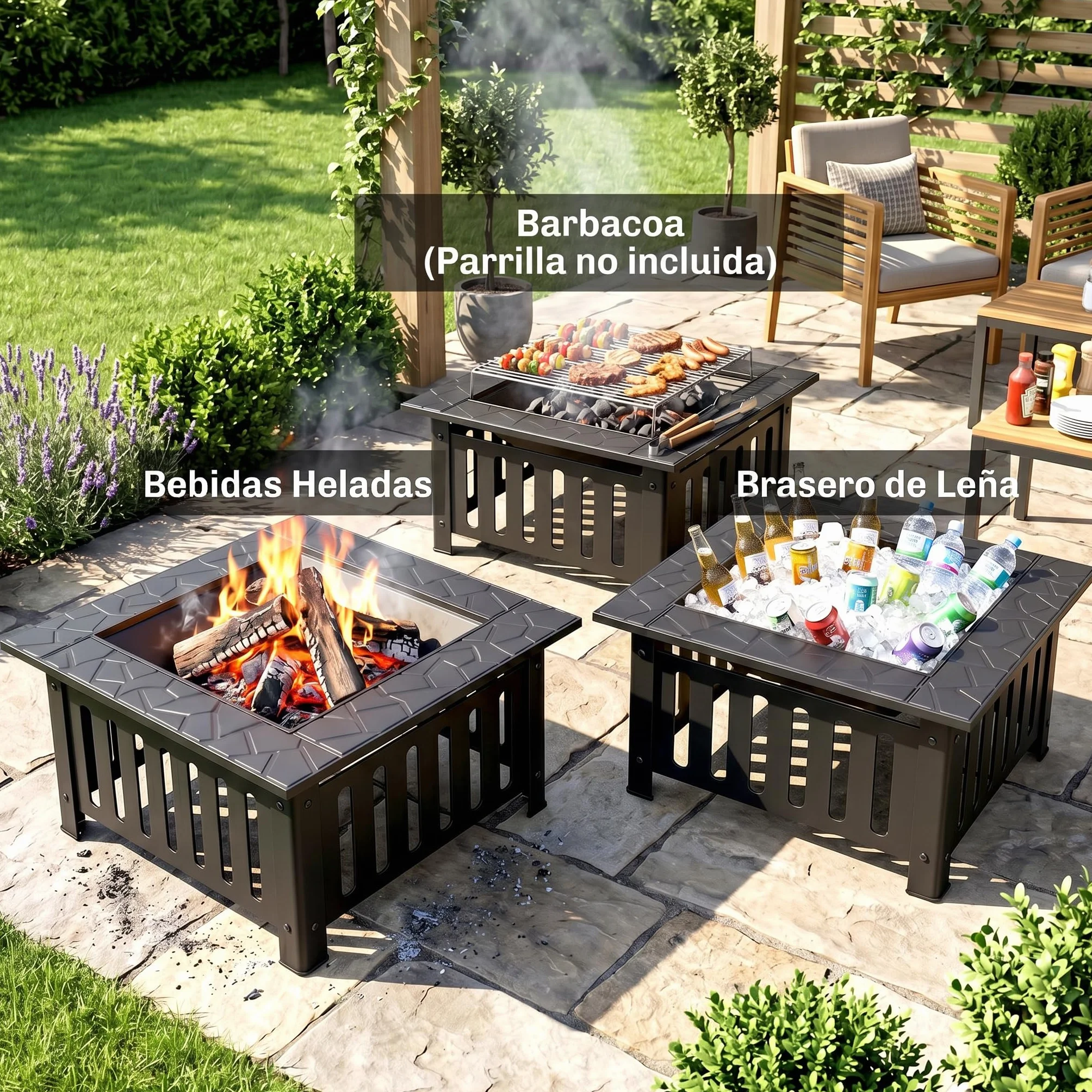 Outsunny Brasero Exterior de Acero Cuadrado, 67x67x47 cm, Brasero Exterior Jardín con Atizador, Tapa de Malla, para Terraza, Camping, Fiesta, Negro