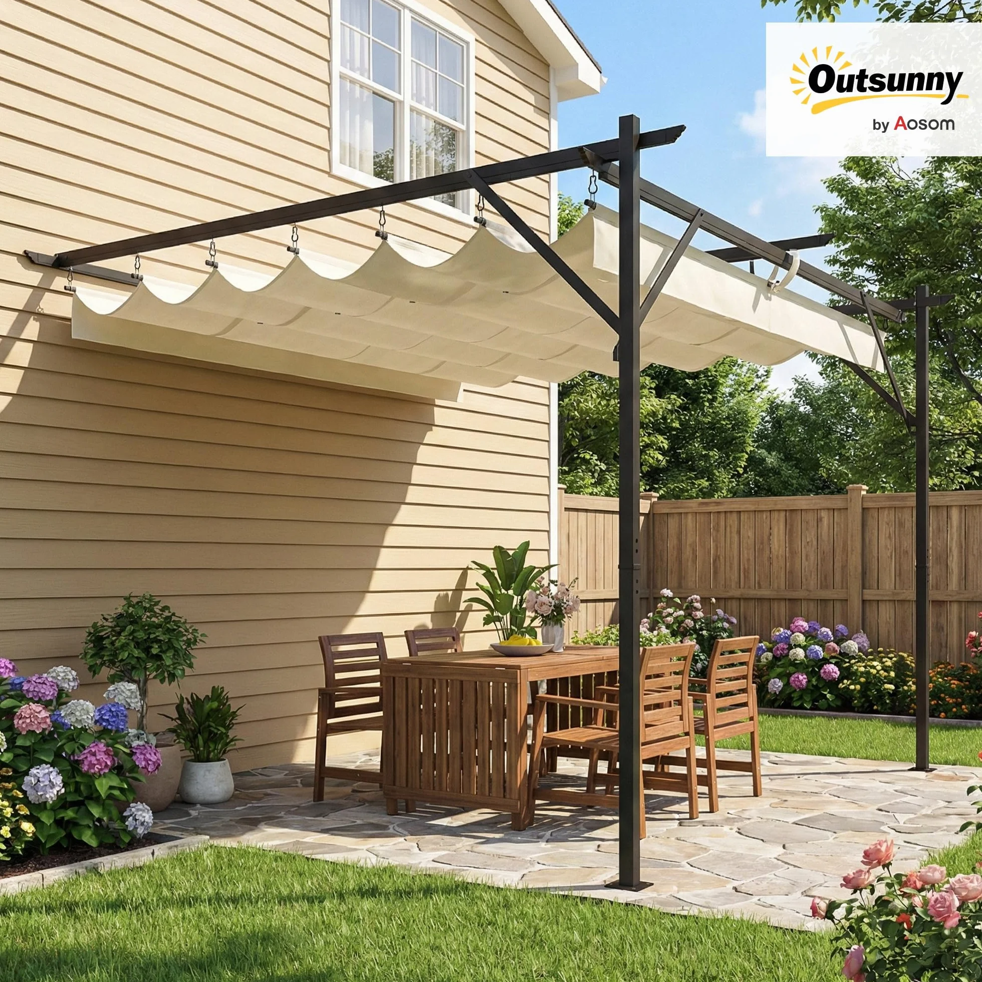 Outsunny Pérgola de Pared de Jardín 3x3 m, Cenador de Jardín con Techo Retráctil, Protección UPF30+, Orificios de Drenaje y Estructura Metálica, Pabellón para Patio, Terraza, Exterior, Blanco Crema