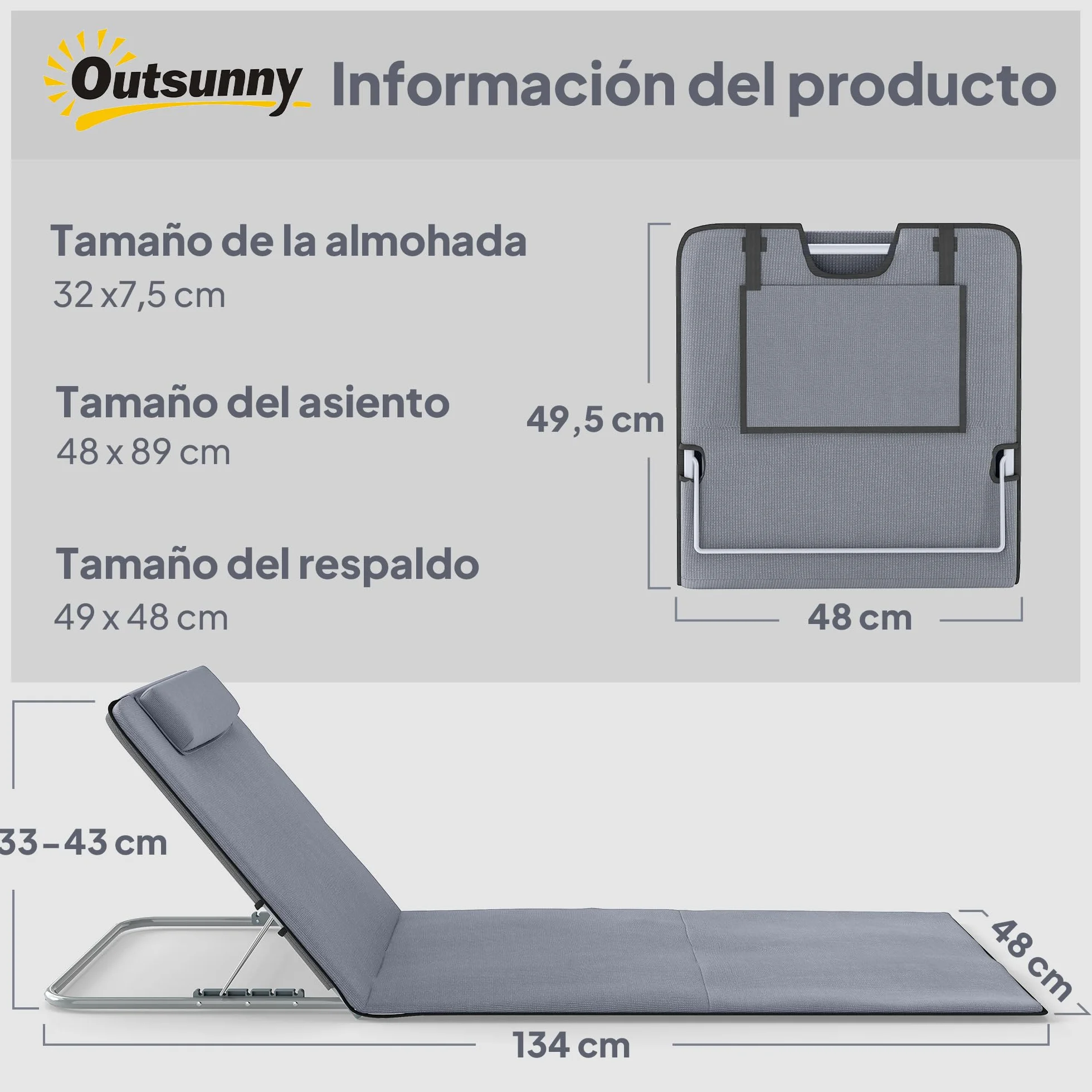 Outsunny Conjunto de 2 Esterillas de Playa Plegable Esterillas con Respaldo Reclinable en 5 Niveles Reposacabezas y Bolsa de Transporte 134x48x33-43 cm Gris