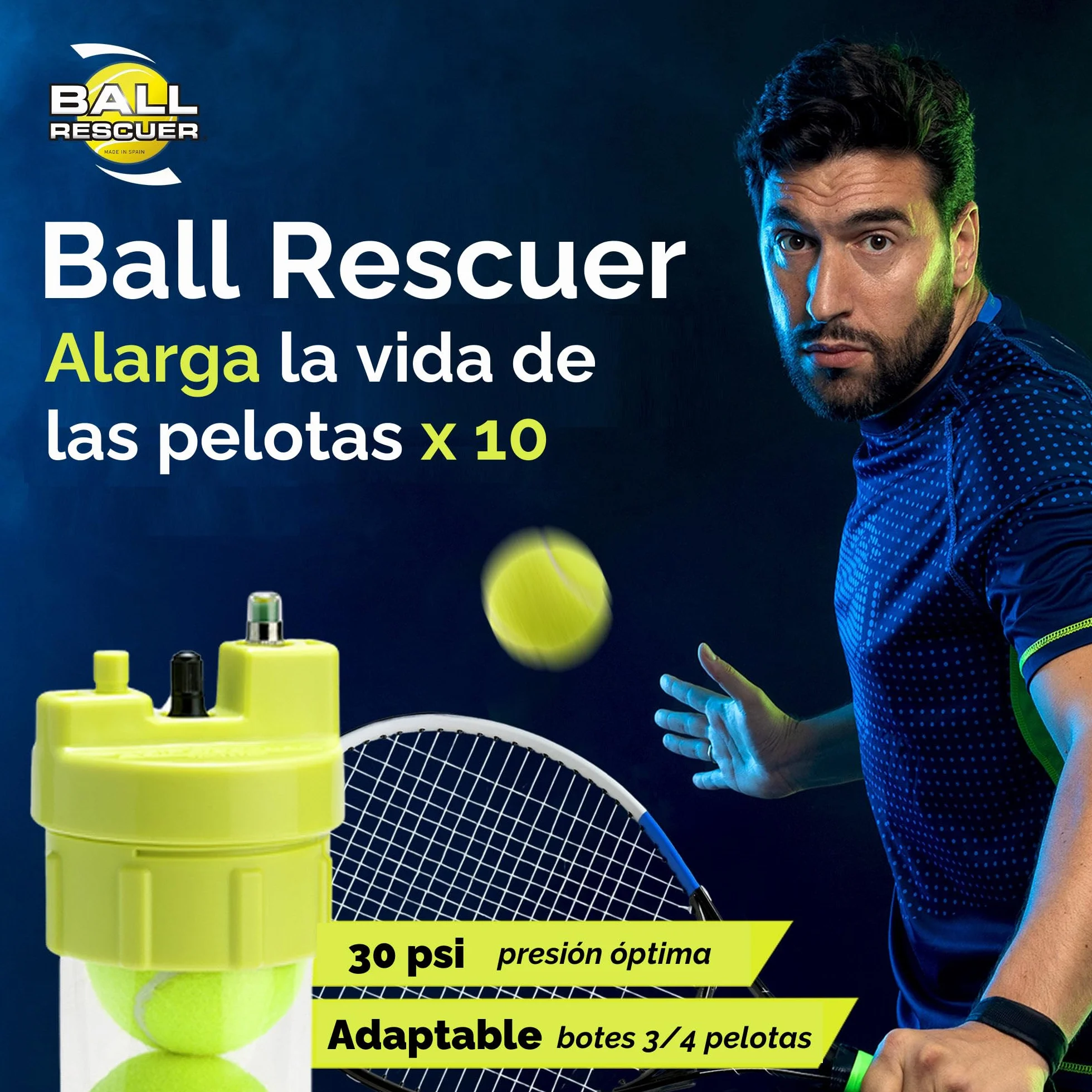 Ball Rescuer 30 PSI Presurizador de Pelotas de Pádel o Tenis Adaptable a Envases de Tres o Cuatro Bolas