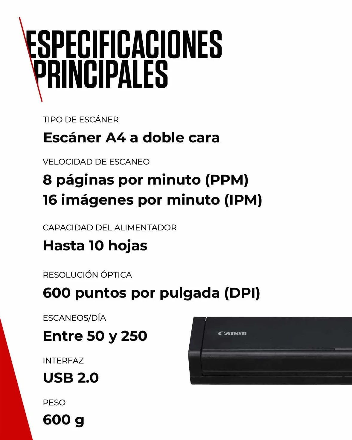 Canon imageFORMULA P-208II Escáner Portátil Doble Cara USB Alimentador 10 Hojas