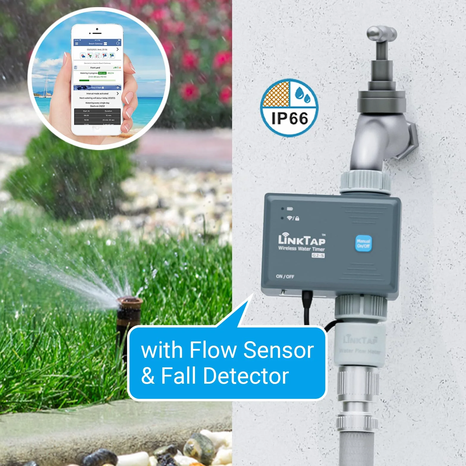 LinkTap G2S Temporizador Agua Automatico - Requiere Gateway - Controlador Inteligente de Riego Jardín con App, Conciencia Climática, Detección de Fallas y Notificaciones, Mayor Alcance Que WiFi, IP66